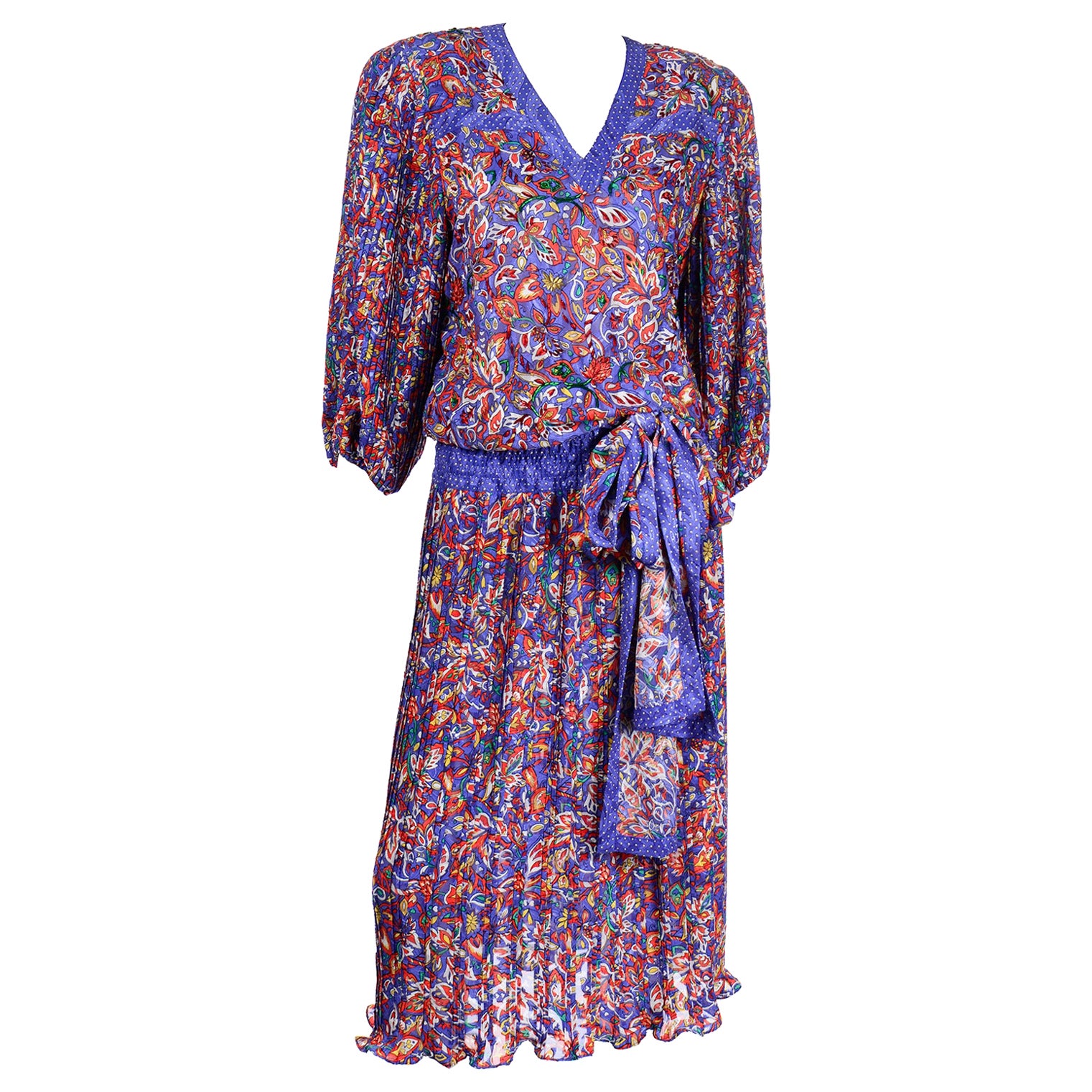 Vintage 1980er Diane Freis buntes Vintage-Perlenkleid mit Muster und Schärpe