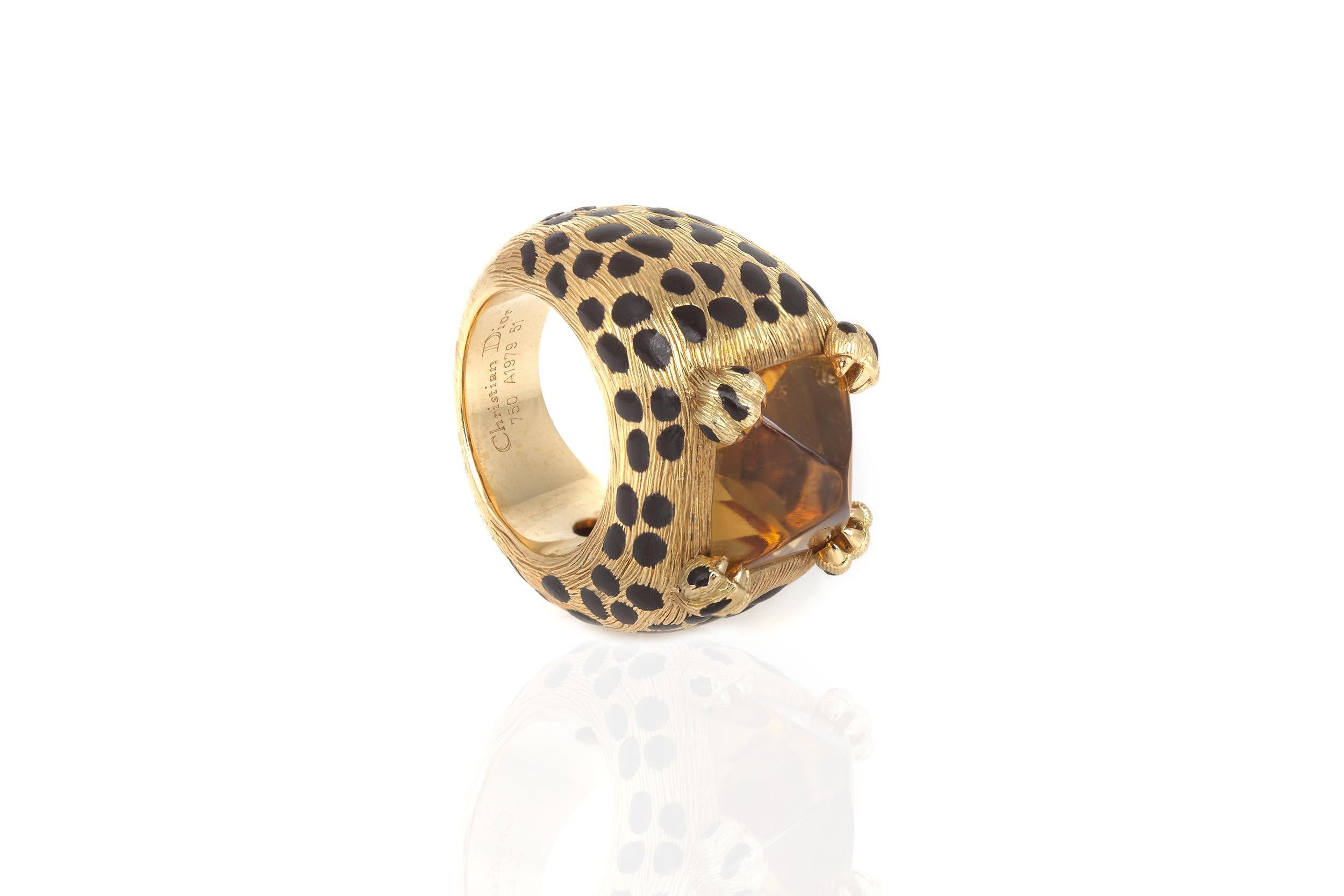 De las mujeres Anillo vintage Dior de los 80 con citrino y estampado de leopardo en venta
