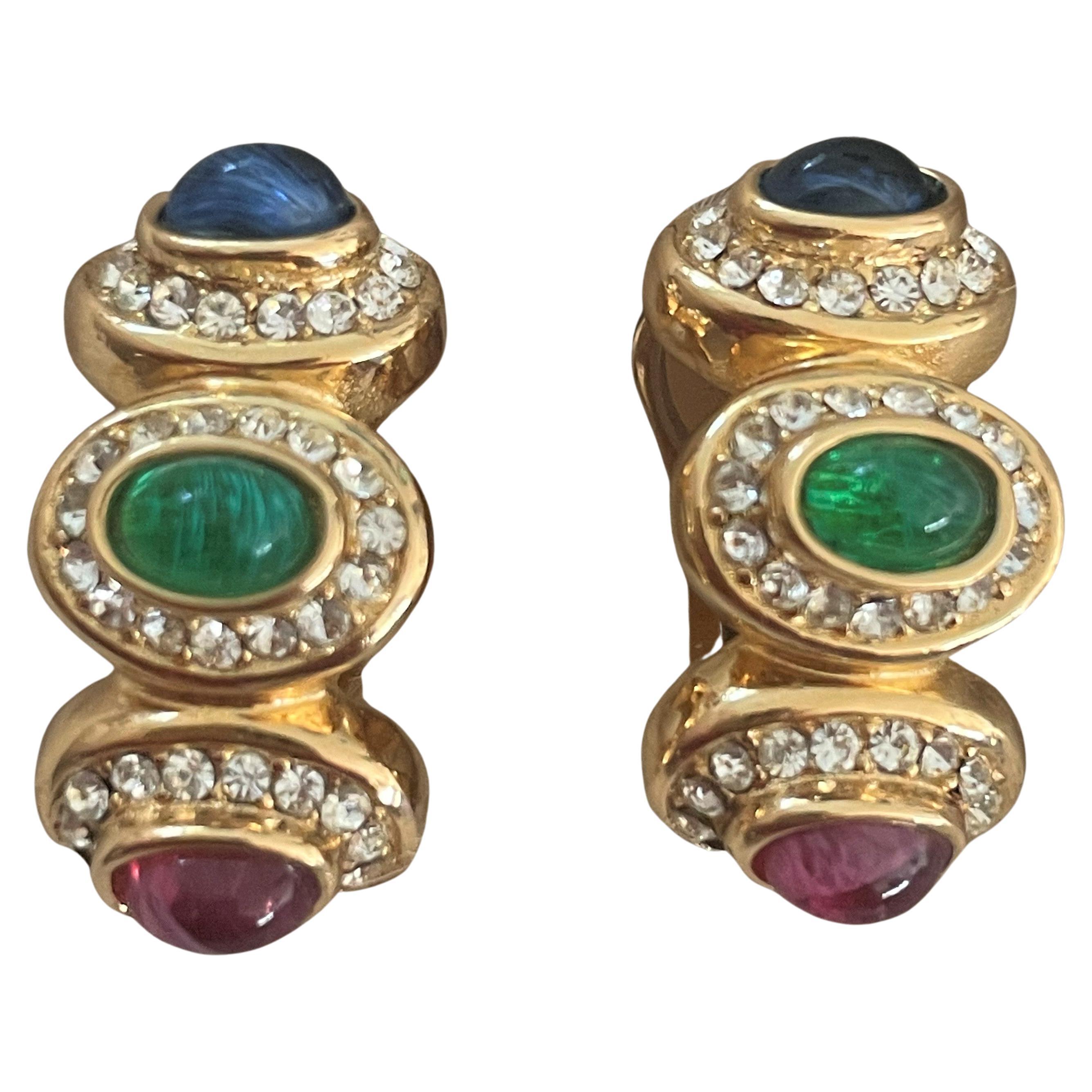 Vintage 1980's DIOR Moghul Cabochon Jeweled Earrings For Sale