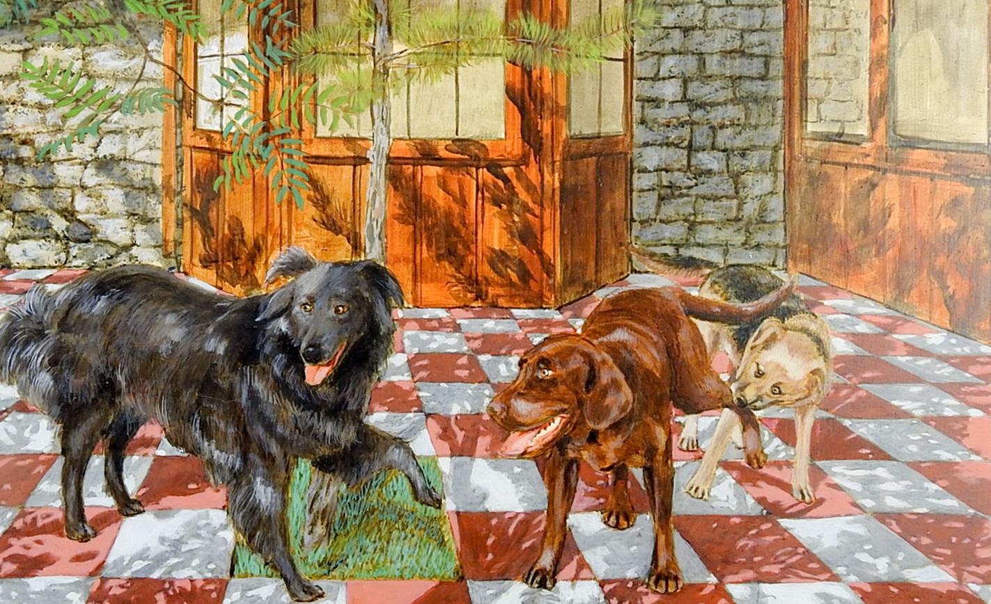 American Vintage 1980s Dogs Oil on Masonite Painting