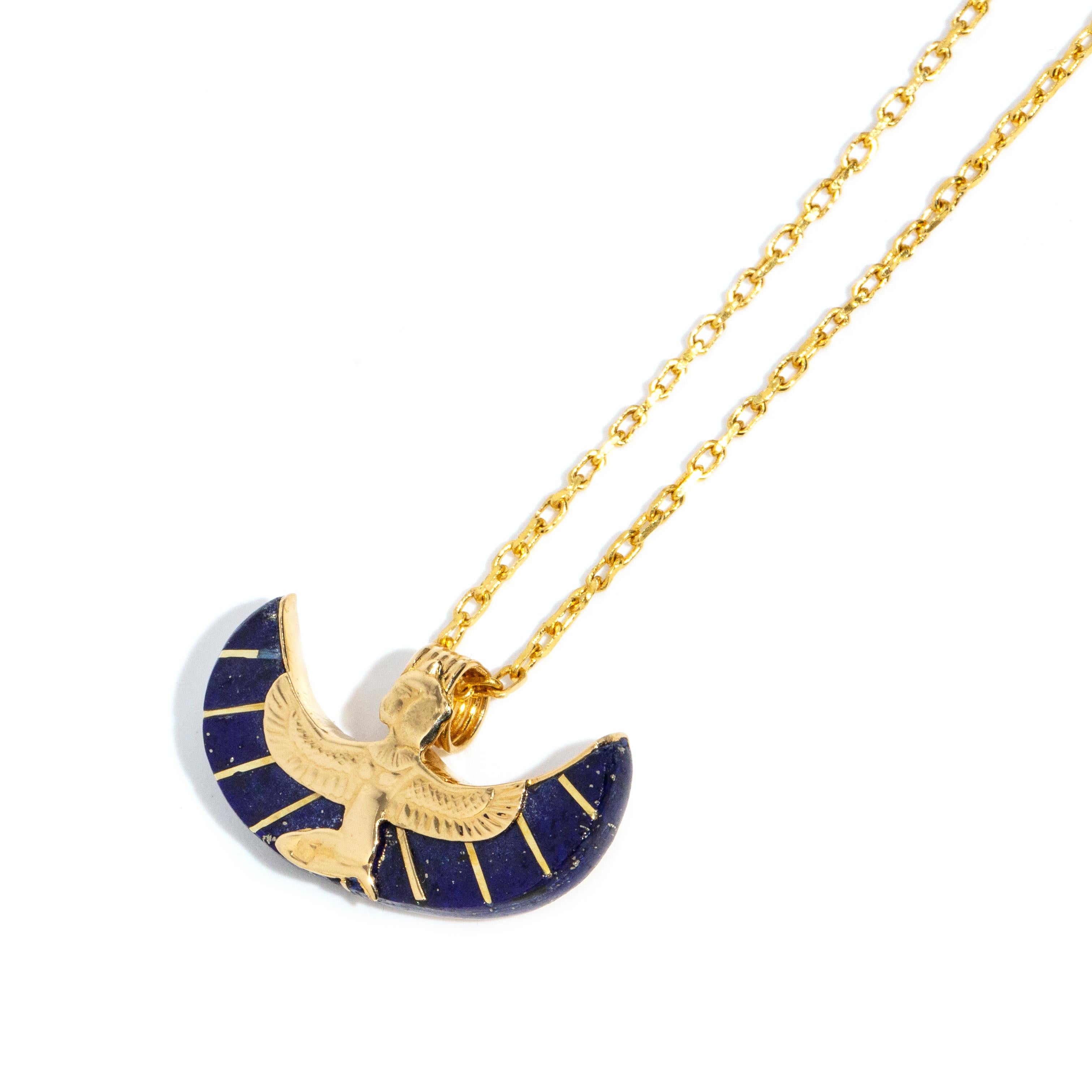 Modern Vintage 1980s Egyptian Deity Inspired Lapis Lazuli Pendant & Chain 18 Carat Gold