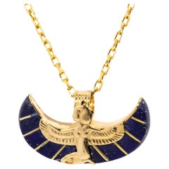 Vintage 1980s Egyptian Deity Inspired Lapis Lazuli Pendant & Chain 18 Carat Gold