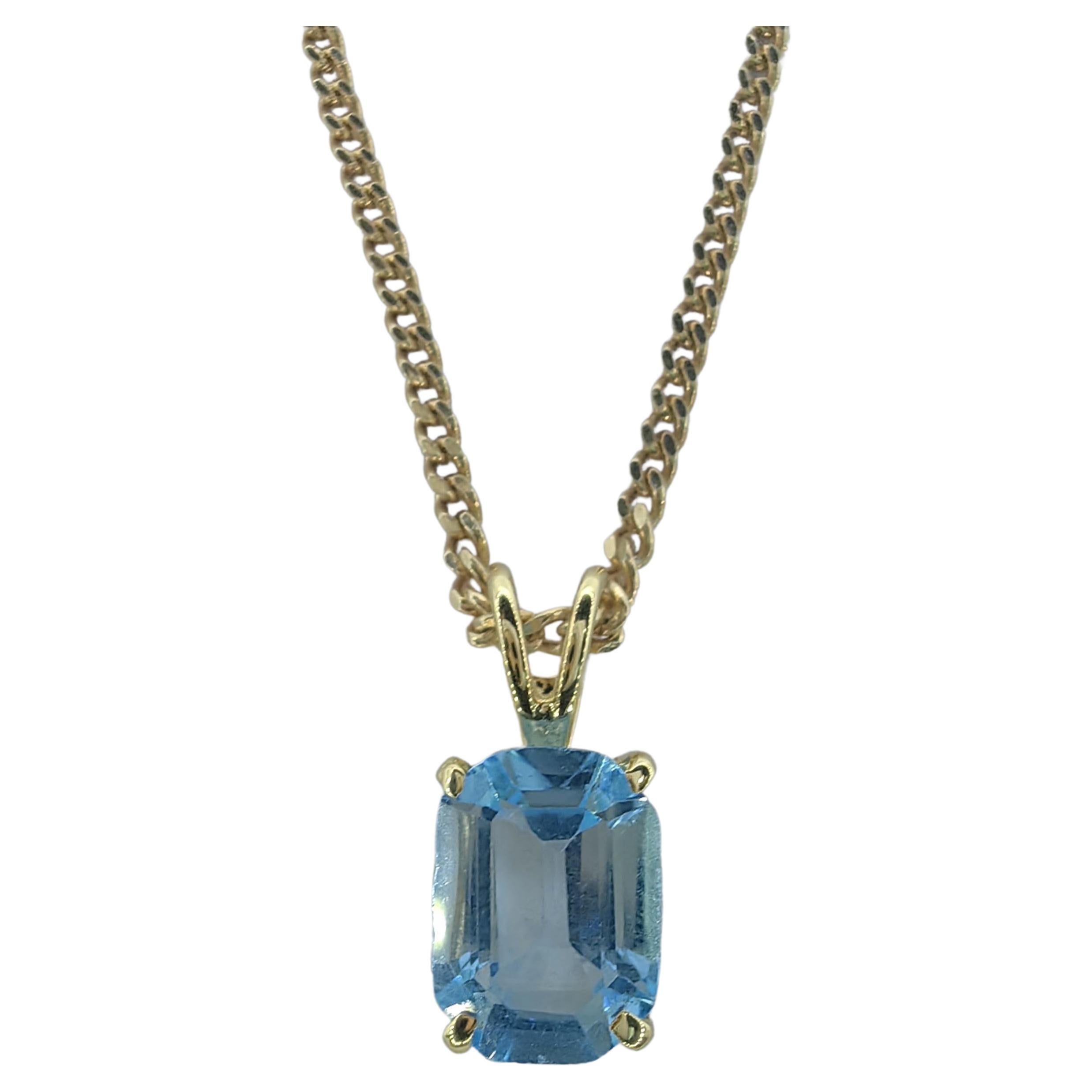 Vintage 1980's Emerald Cut Blue Topaz Necklace Pendant in 14K Yellow Gold #2