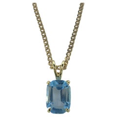 Vintage 1980's Emerald Cut Blue Topaz Necklace Pendant in 14K Yellow Gold #2