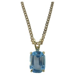 Retro 1980's Emerald Cut Blue Topaz Necklace Pendant in 14K Yellow Gold #2