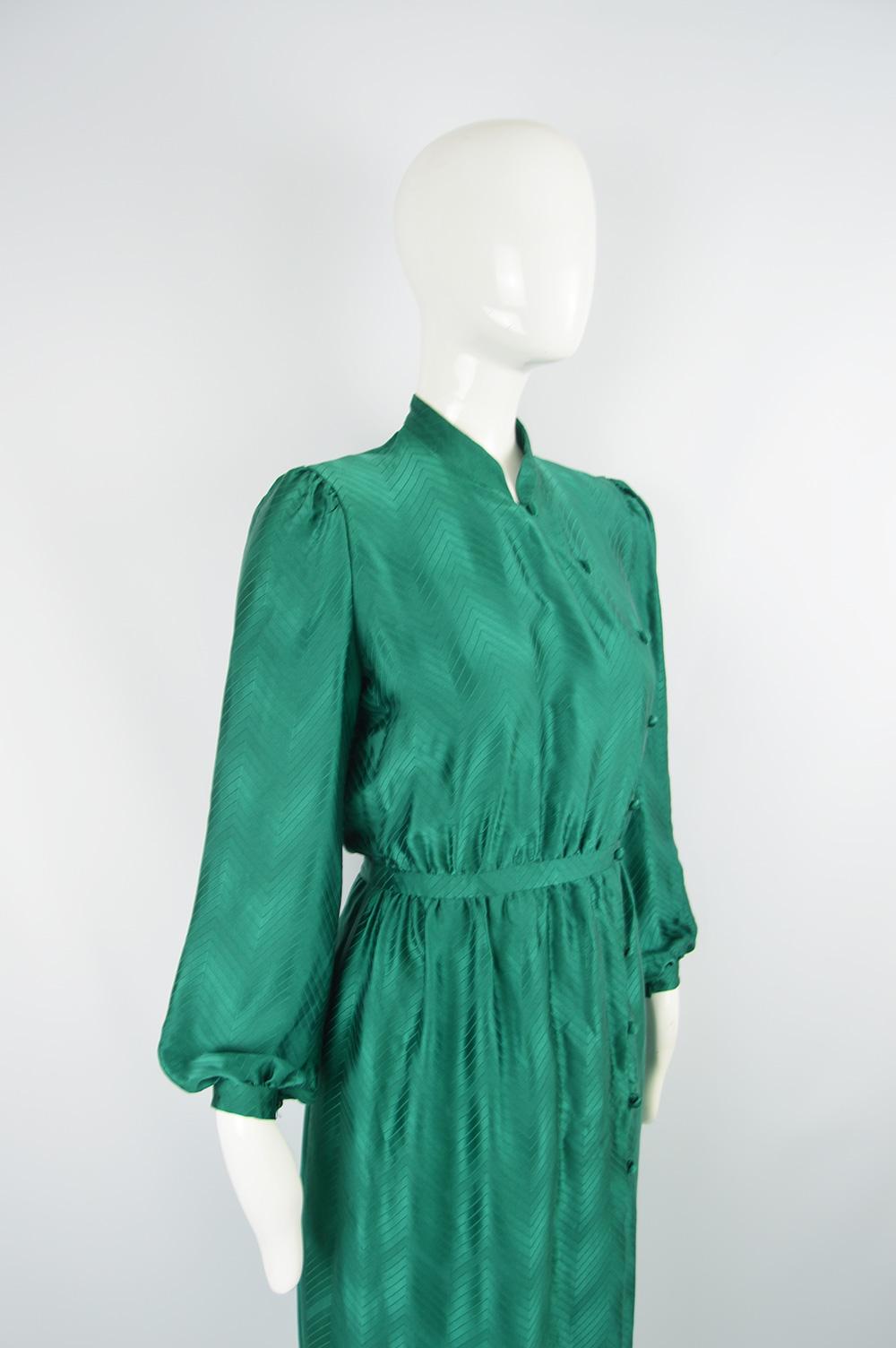 Vintage 1980s Emerald Green Silk Bishop Sleeve Collared Blouson Evening Dress 1