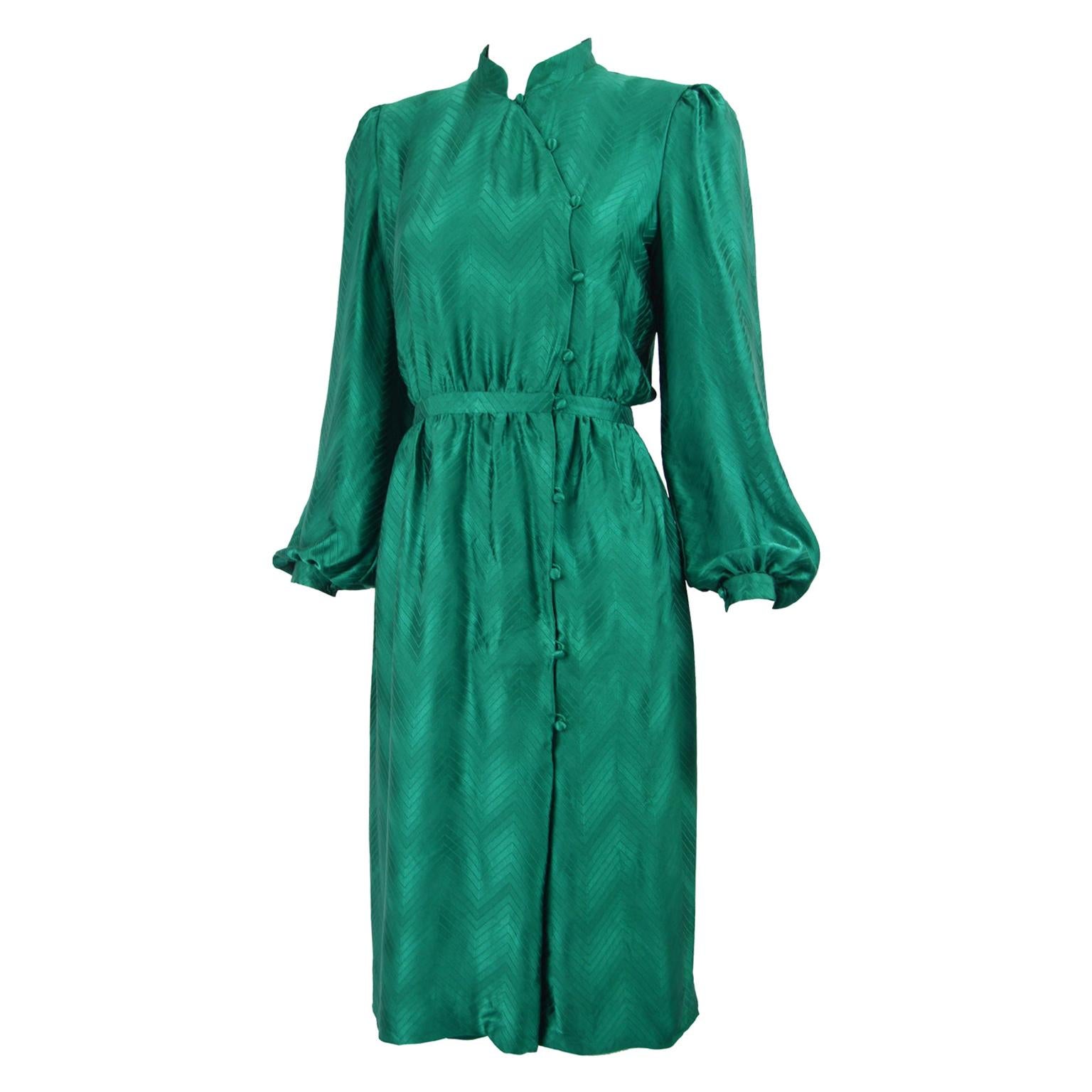Vintage 1980s Emerald Green Silk Bishop Sleeve Collared Blouson Evening Dress
