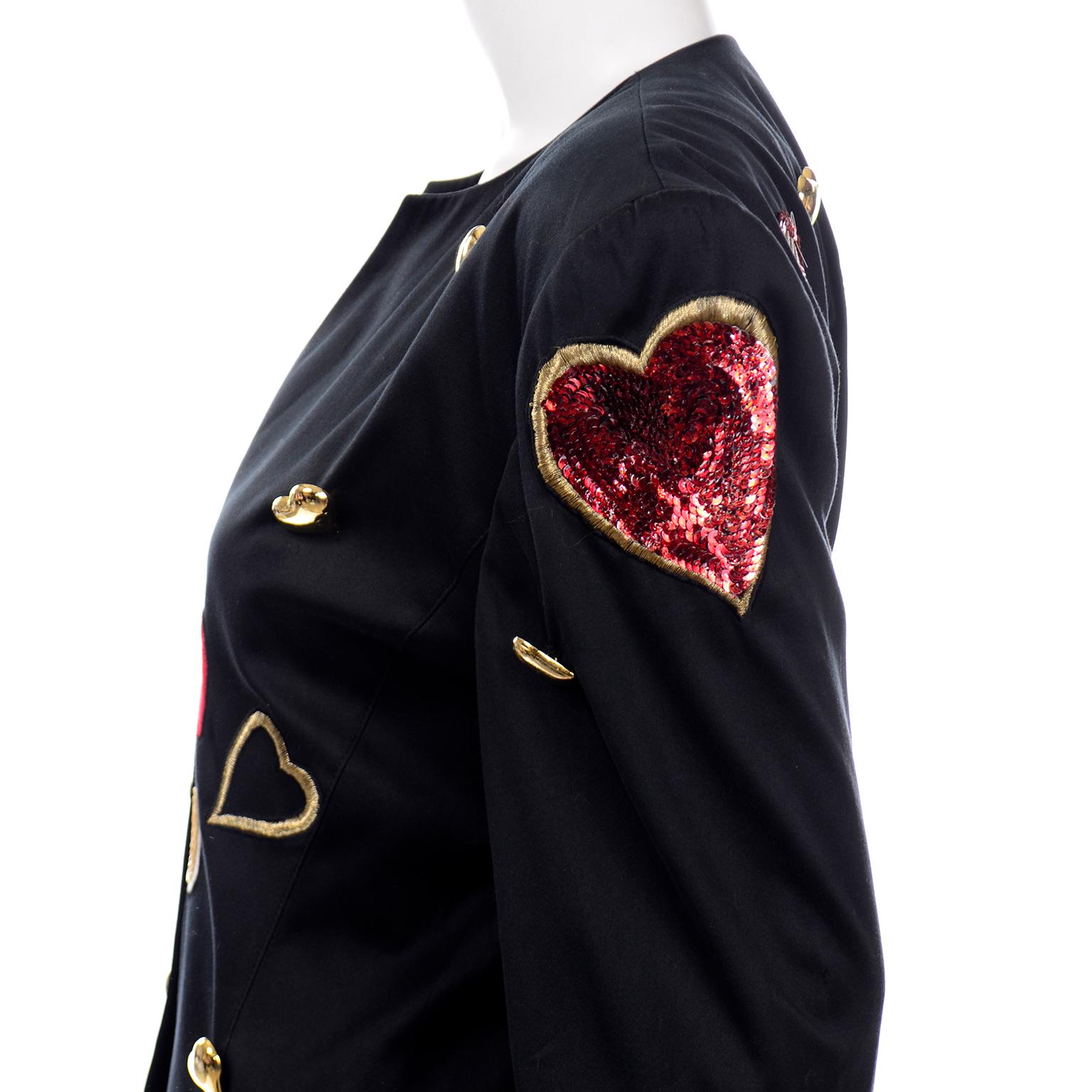 Vintage 1980s Escada Margaretha Ley Red Sequin Hearts Black Blazer Jacket In Good Condition In Portland, OR