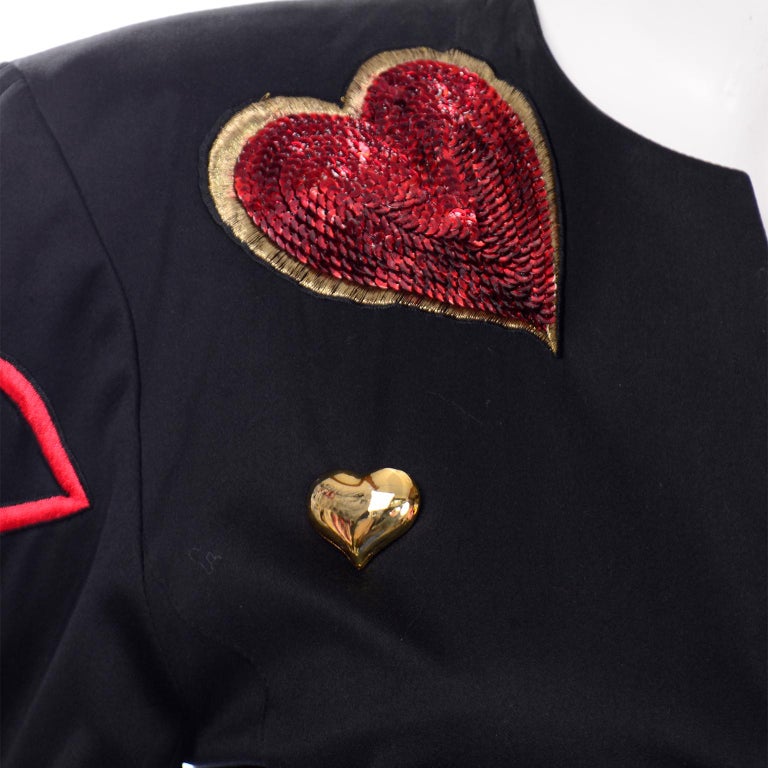 Vintage 1980s Escada Margaretha Ley Red Sequin Hearts Black Blazer Jacket For Sale 4