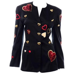 Vintage 1980s Escada Margaretha Ley Rot Pailletten Herzen Schwarz Blazer Jacke