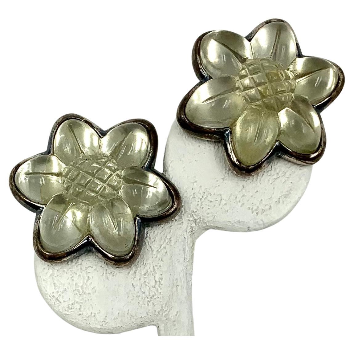 Vintage 1980s Escada Poured Resin Blackened Silver Metal Flower Earrings For Sale