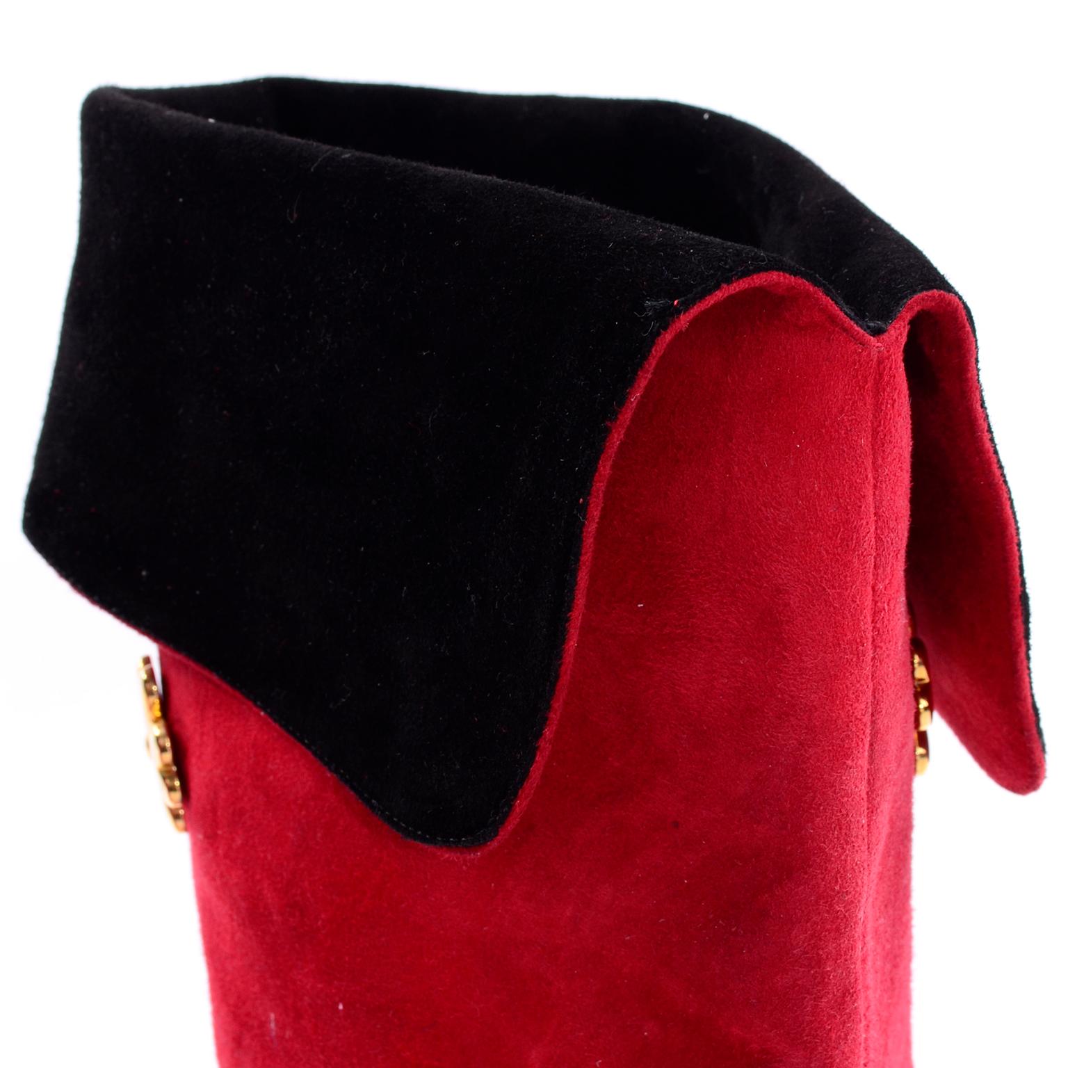 Vintage 1980s Escada Red Suede Boots With Gold Metal Clovers Size 37 5