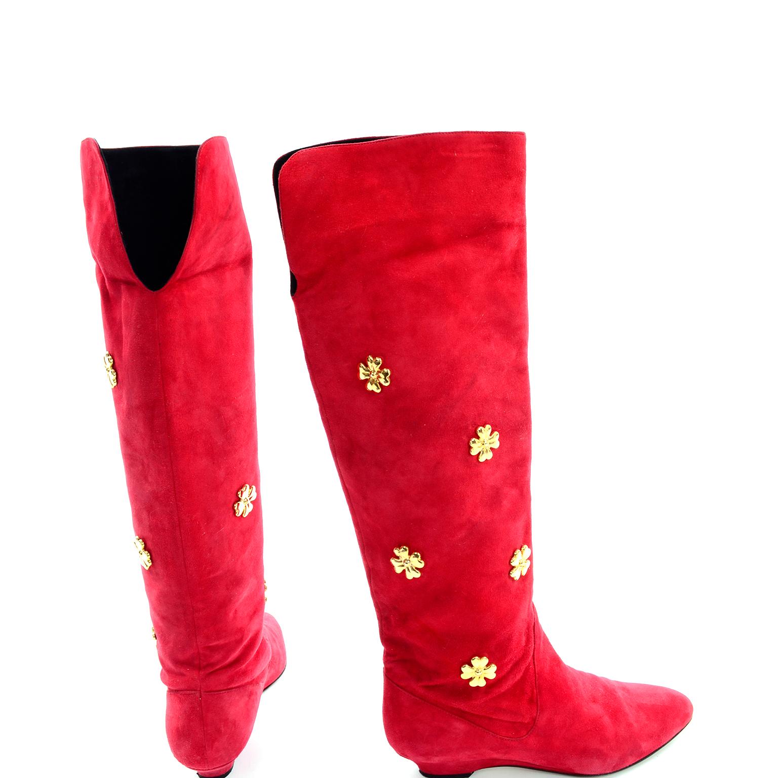 Women's Vintage 1980s Escada Red Suede Boots With Gold Metal Clovers Size 37