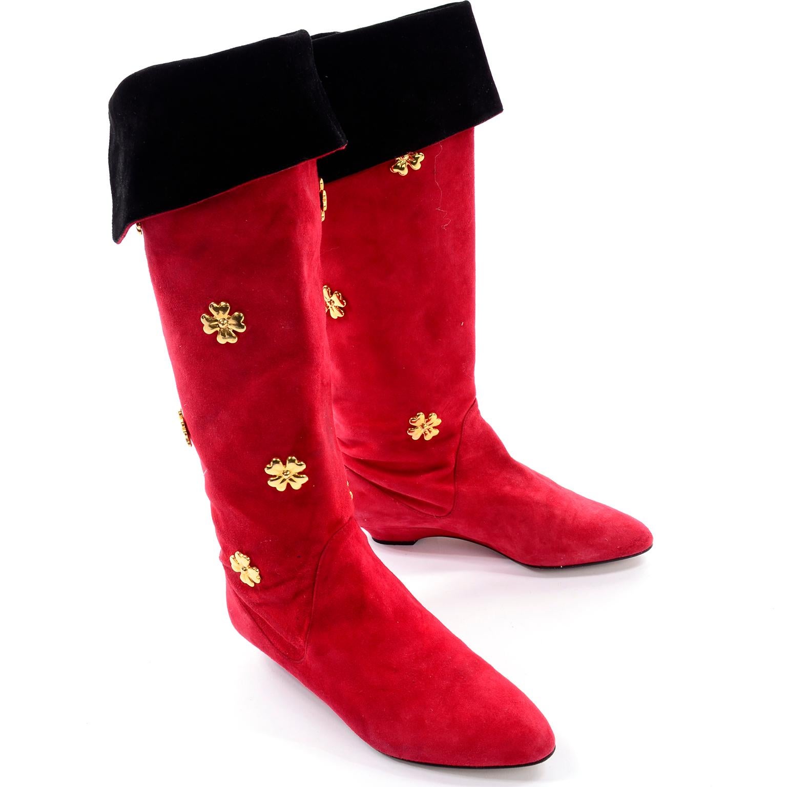 Vintage 1980s Escada Red Suede Boots With Gold Metal Clovers Size 37 1