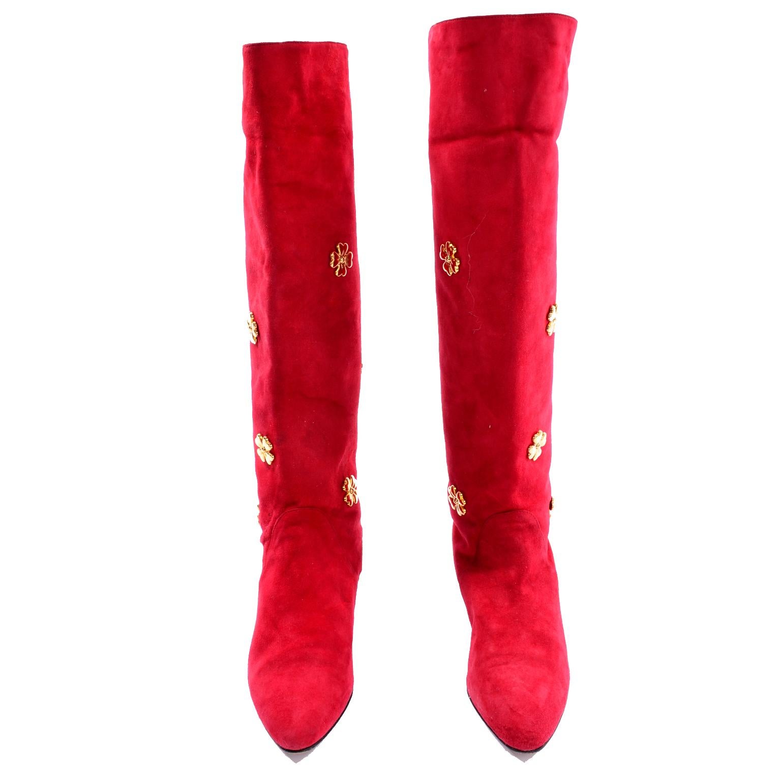 Vintage 1980s Escada Red Suede Boots With Gold Metal Clovers Size 37 2