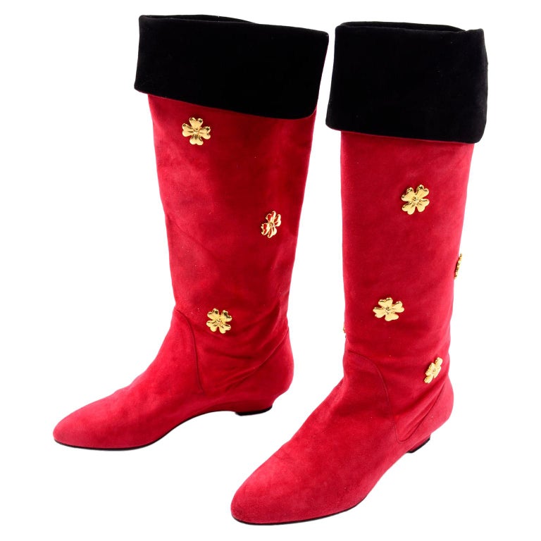 Vintage 1980s Escada Red Suede Boots With Gold Metal Clovers Size 37 For  Sale at 1stDibs