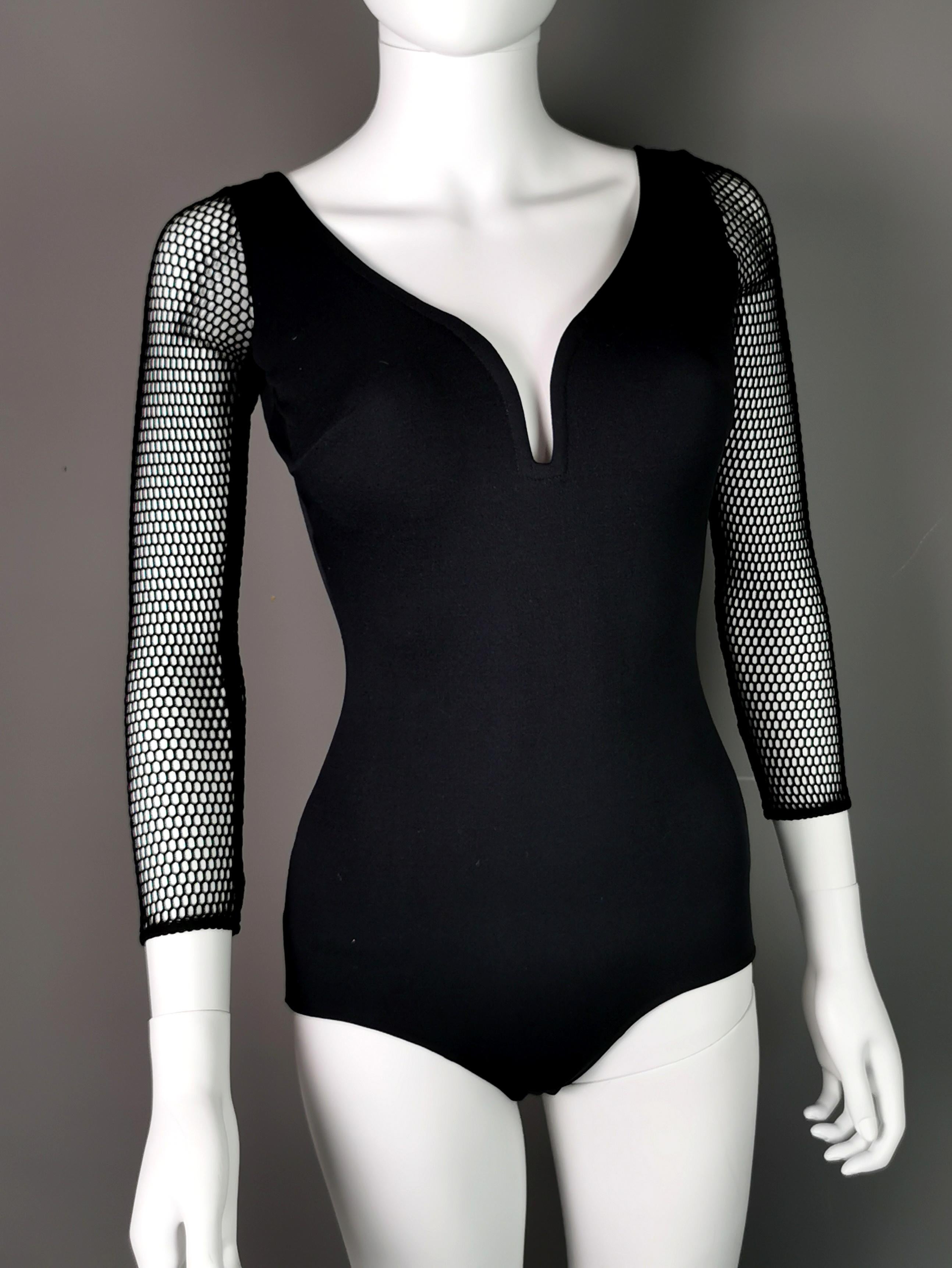 Vintage 1980s fishnet sleeve swimsuit, Slix  In Good Condition In NEWARK, GB