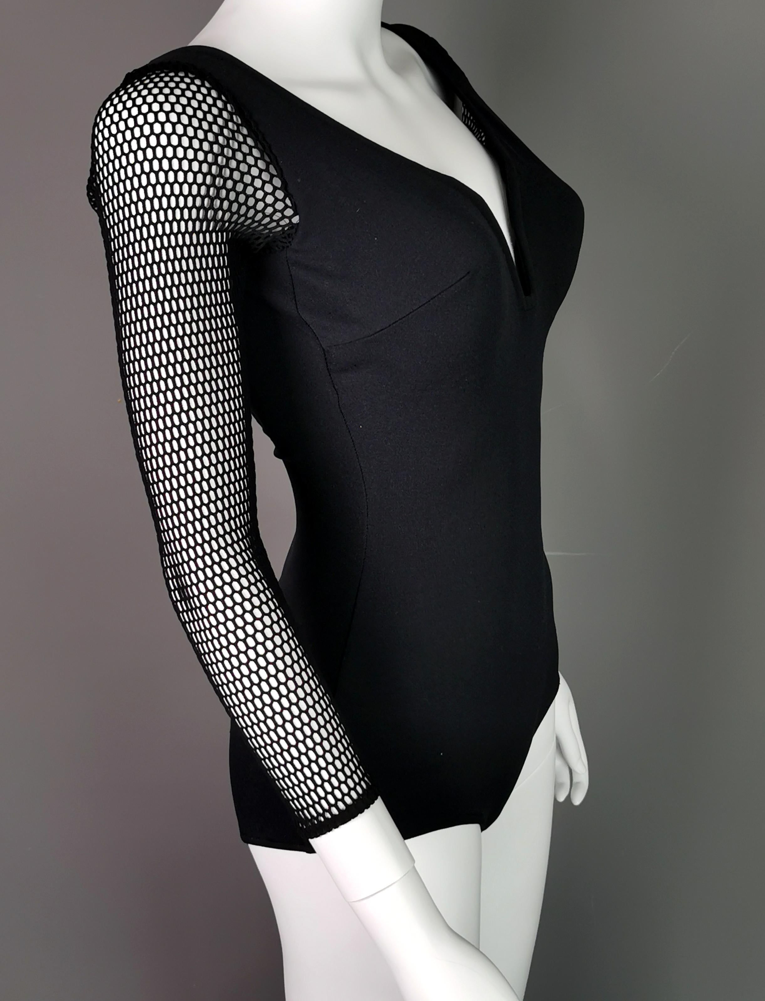 Women's Vintage 1980s fishnet sleeve swimsuit, Slix 