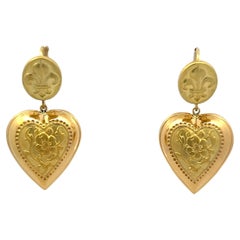 Vintage 1980s Fleur De Lis Heart 18k Yellow Gold Lever Back Earrings
