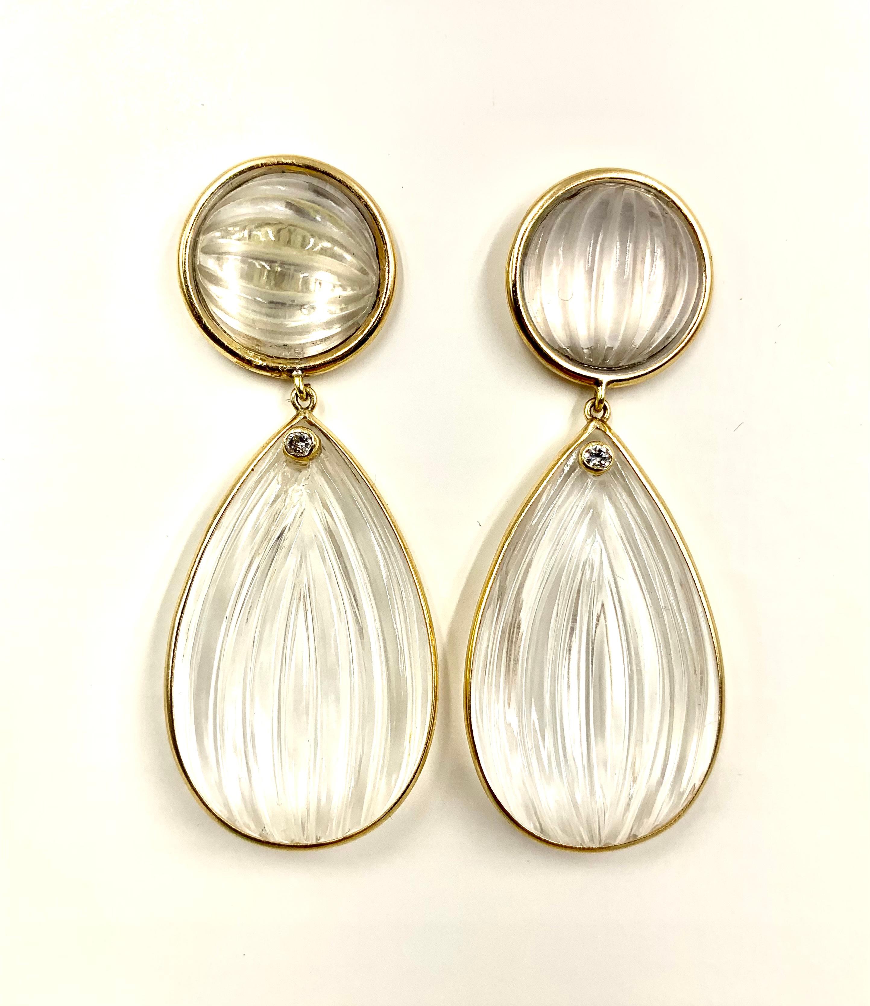Vintage 1980's Fluted Rock Crystal Diamond 14k Yellow Gold Statement Earrings In Good Condition For Sale In New York, NY