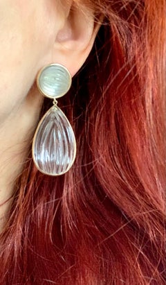 Large Estate Fluted Rock Crystal Diamond 14k Yellow Gold Statement Earrings