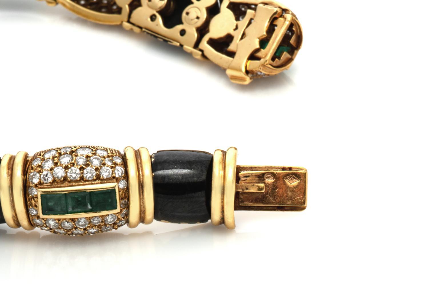 Vintage 1980s Fred Paris Enamel, Emerald & Diamond Bracelet Corte cuadrado en venta