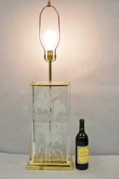 Vintage 1980s Fredrick Ramond Etched Lily Design Lucite Glass & Brass Table Lamp