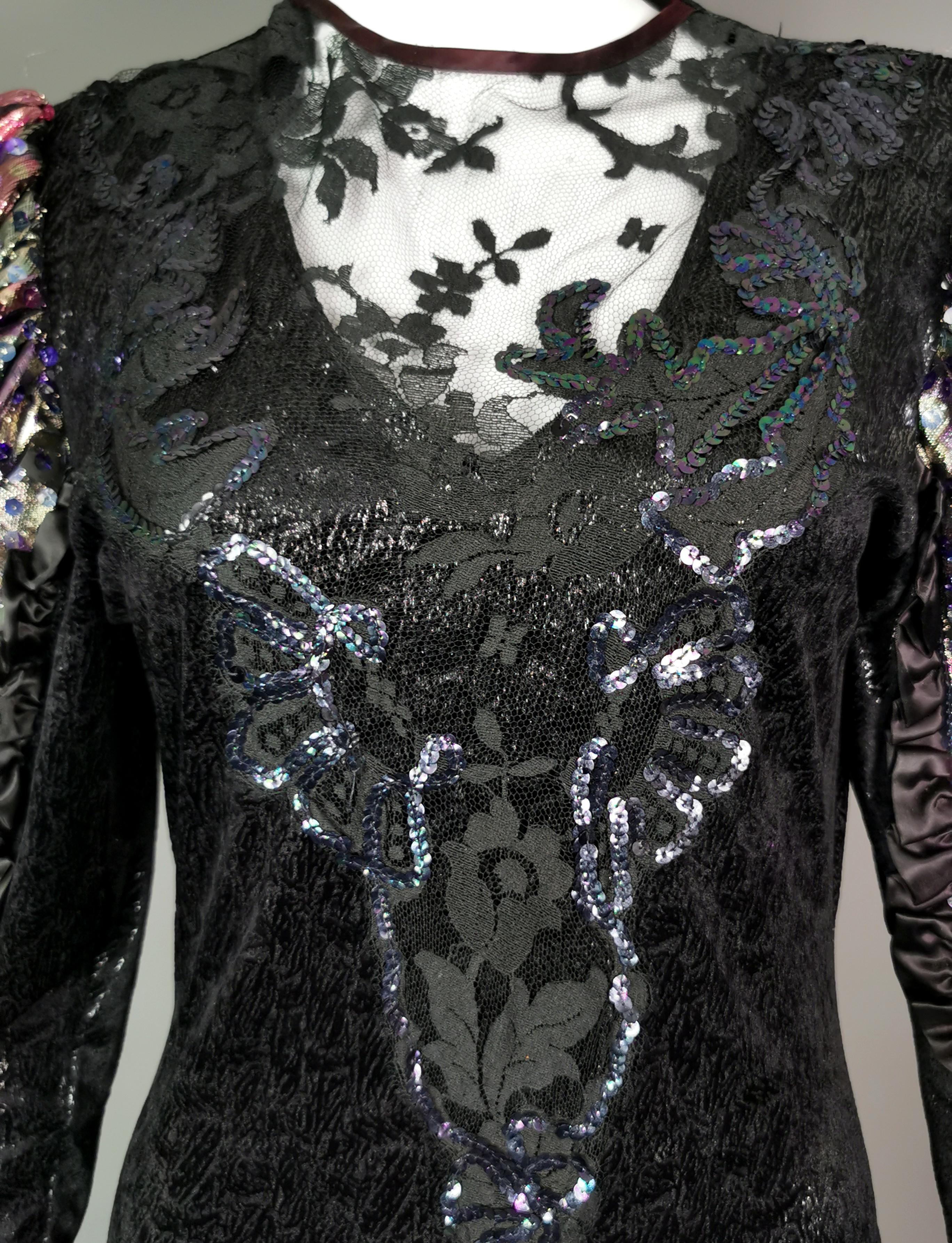 Vintage 1980s French cocktail dress, sequin, lace, wet look  In Good Condition For Sale In NEWARK, GB
