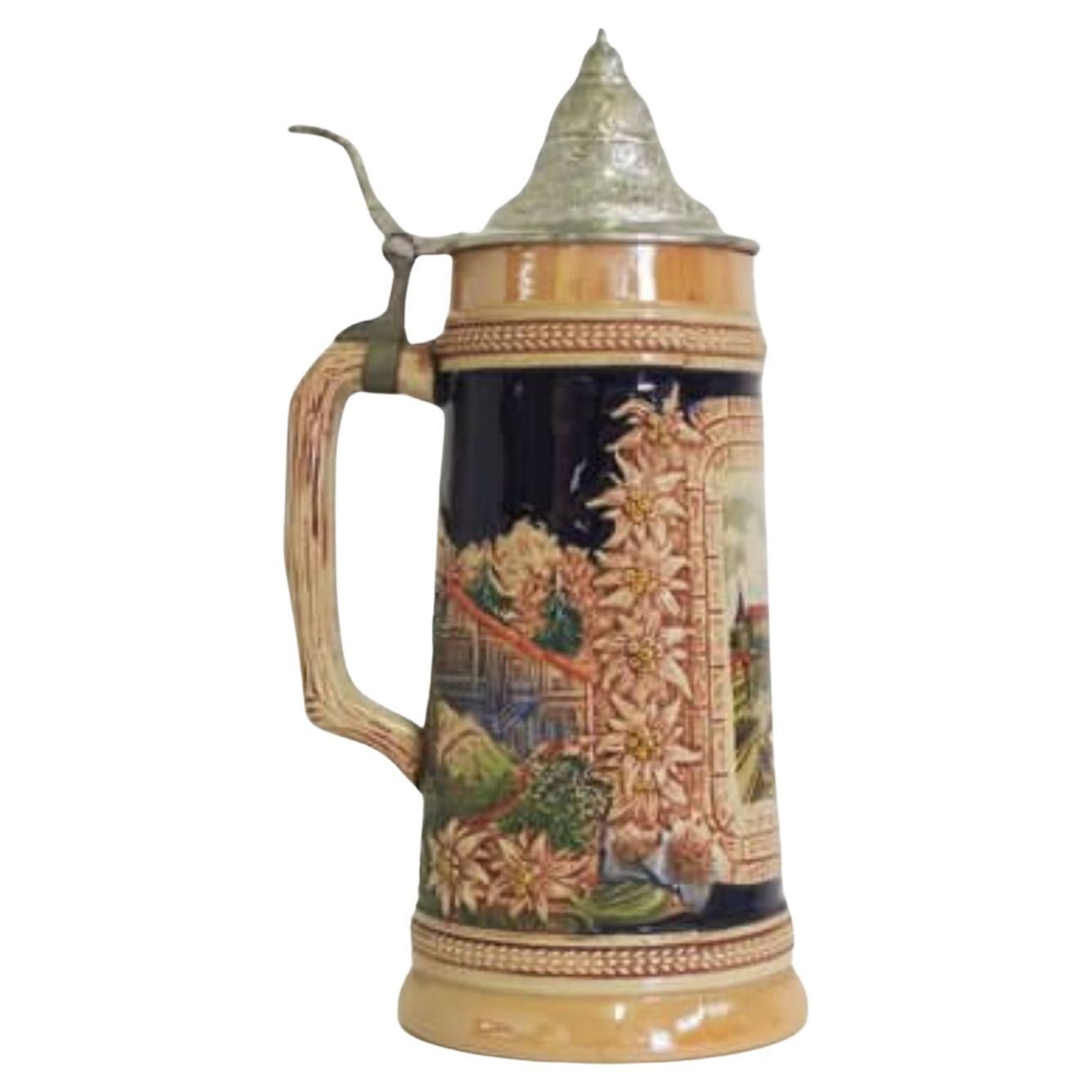 Vintage 1980s German Ceramic Beer Stein – Traditional Bavarian Design in vendita