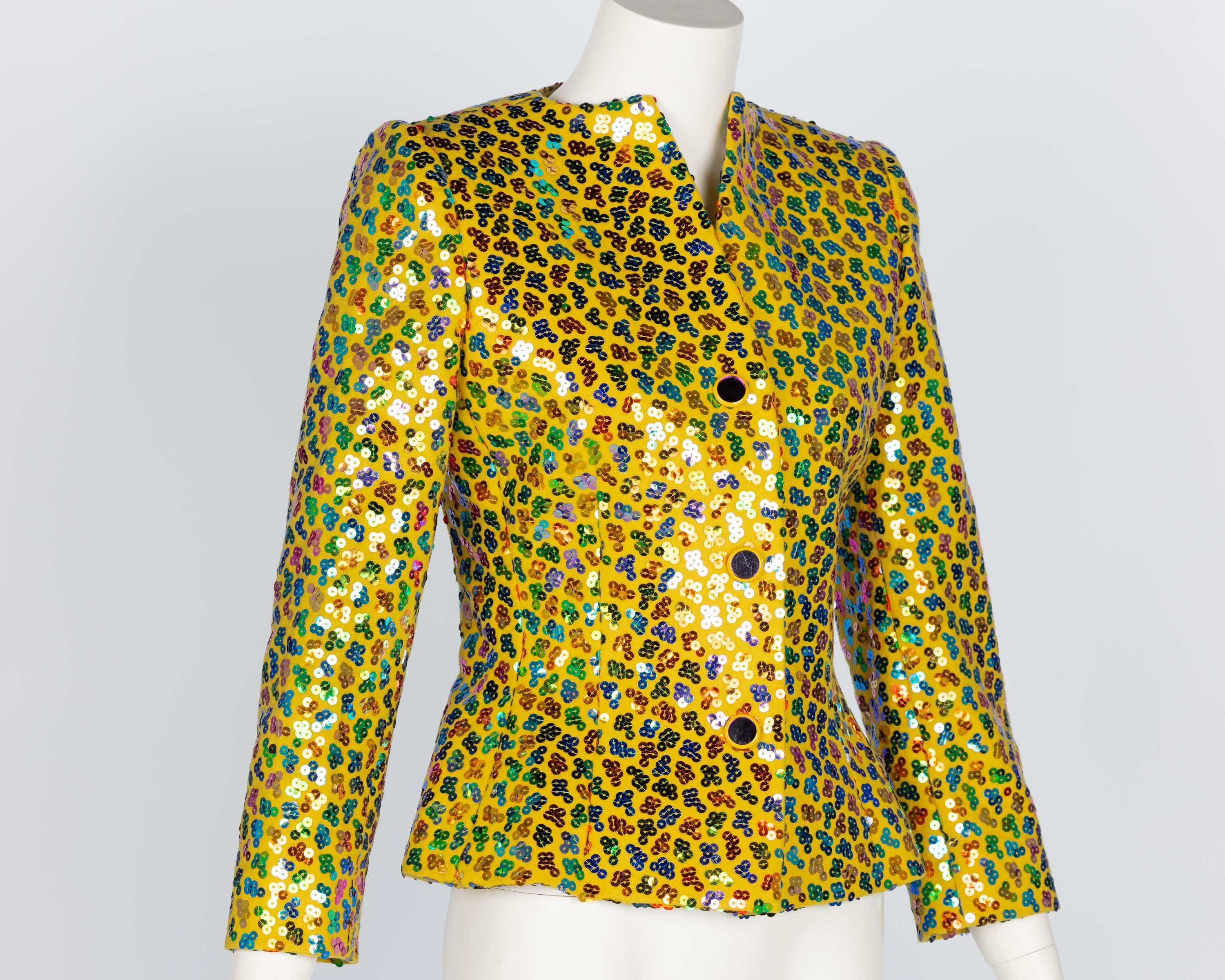 Vintage 1980er Givenchy Gelbe mehrfarbige Vintage-Paillettenjacke aus Wolle im Zustand „Hervorragend“ im Angebot in Boca Raton, FL