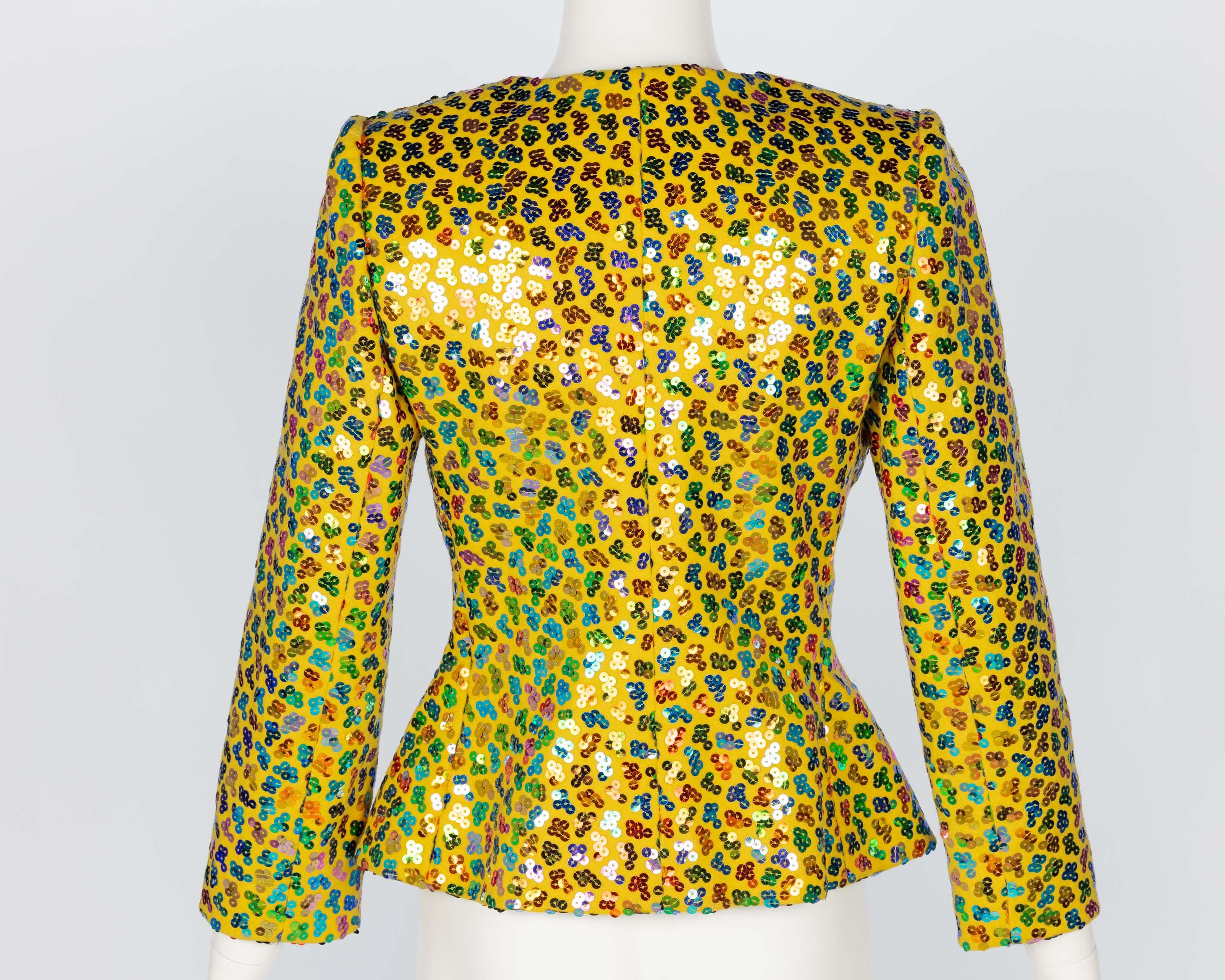 Vintage 1980er Givenchy Gelbe mehrfarbige Vintage-Paillettenjacke aus Wolle Damen im Angebot