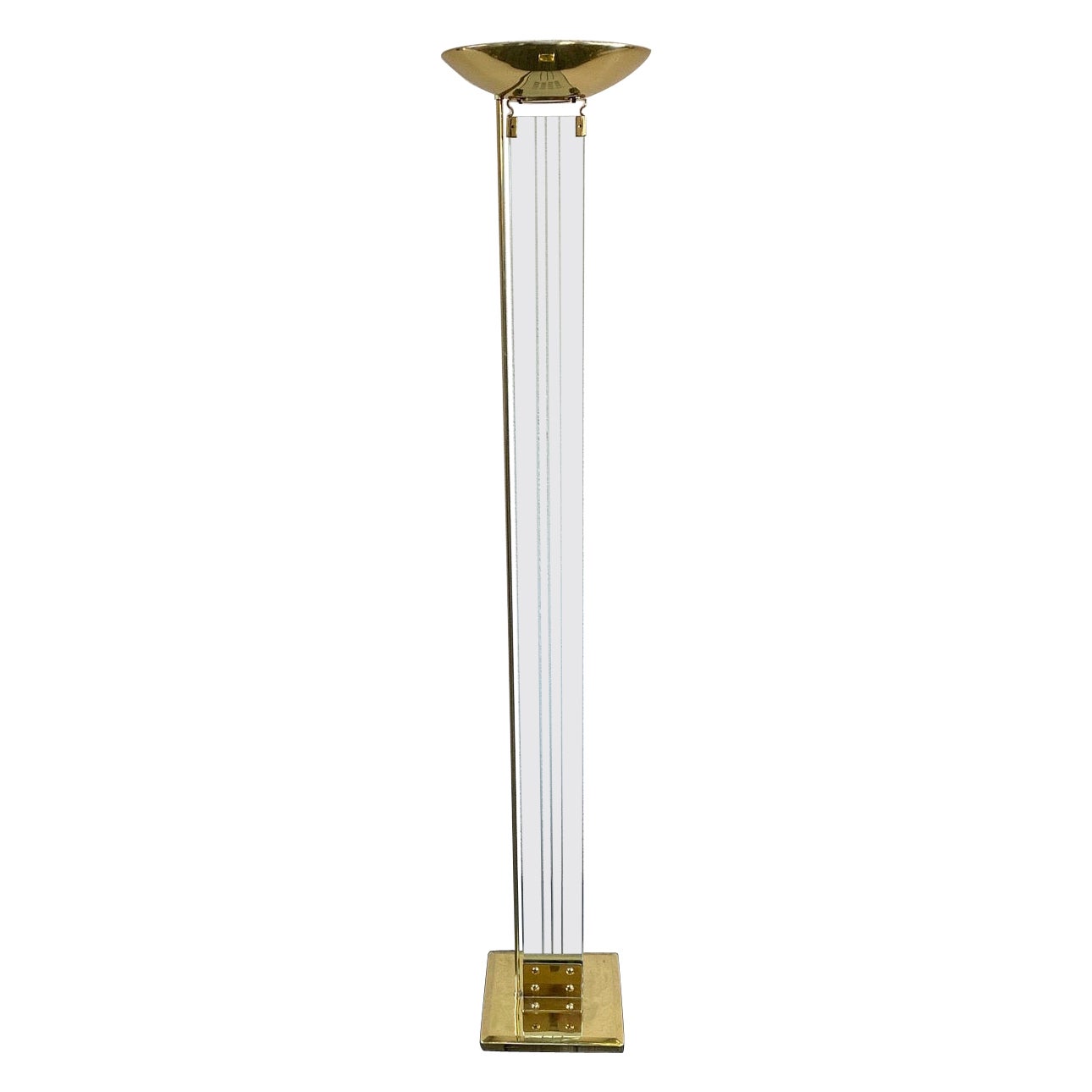 Lampada da terra alogena in vetro e ottone vintage degli anni '80 in vendita