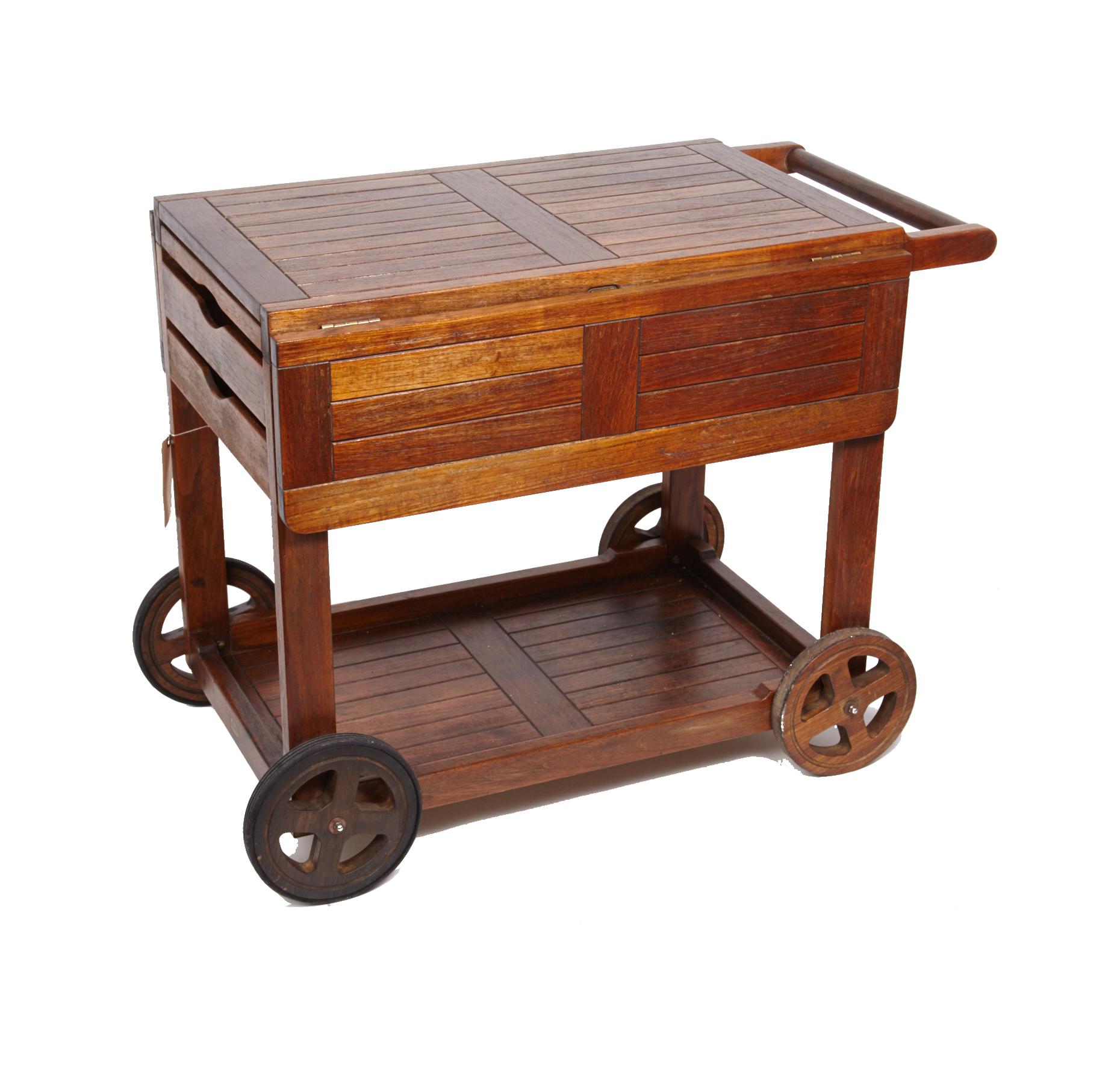 Amazing vintage Gloster teak wheeled serving cart made in Bristol, England in the 1980's. Gloster has been long known as the premier maker of teak furniture. Great for year round use indoors and out. This cart is beautiful original condition and has