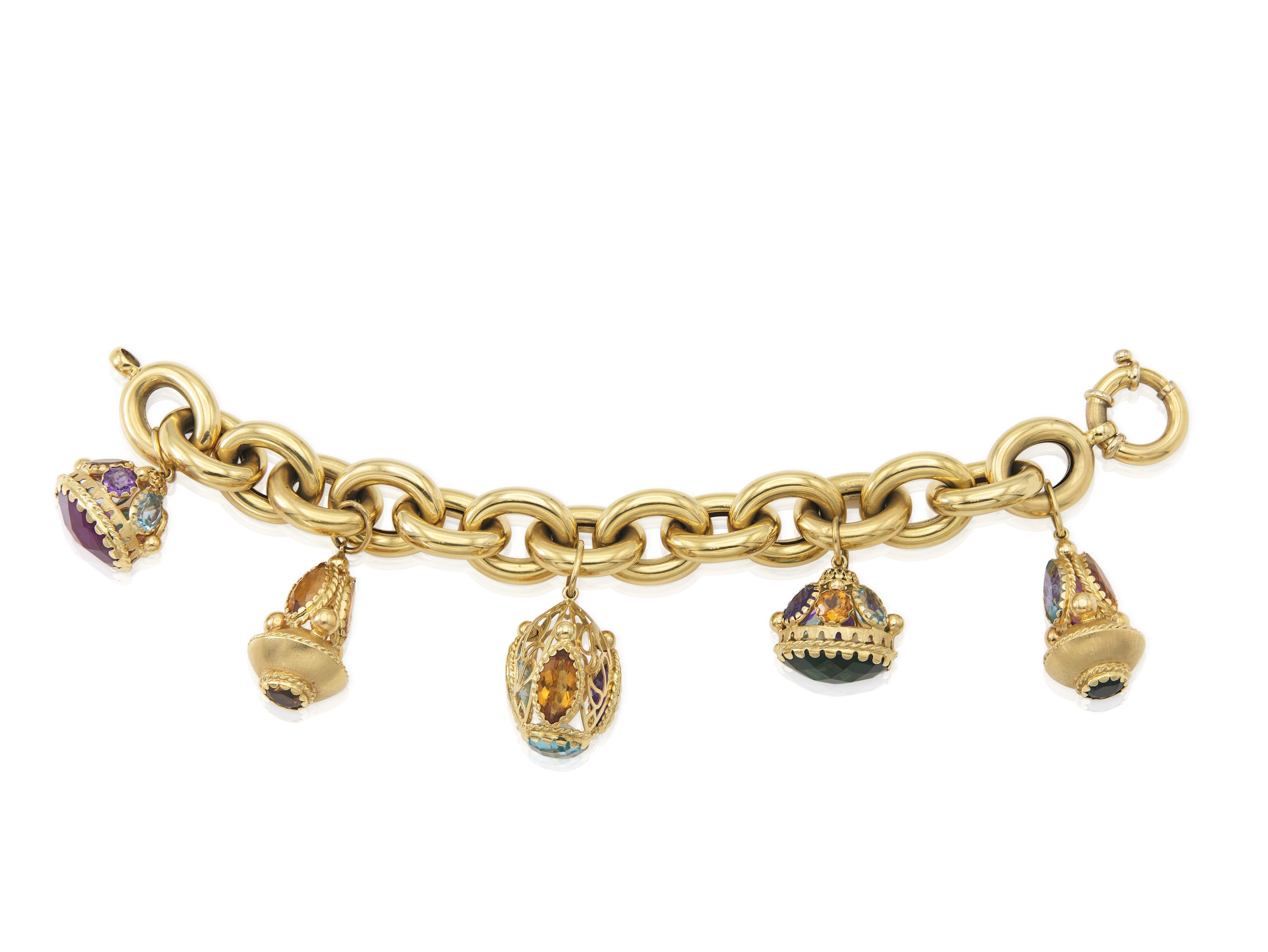 Bracelet à breloques or et multi-gemmes vintage des années 1980 Bon état - En vente à New York, NY