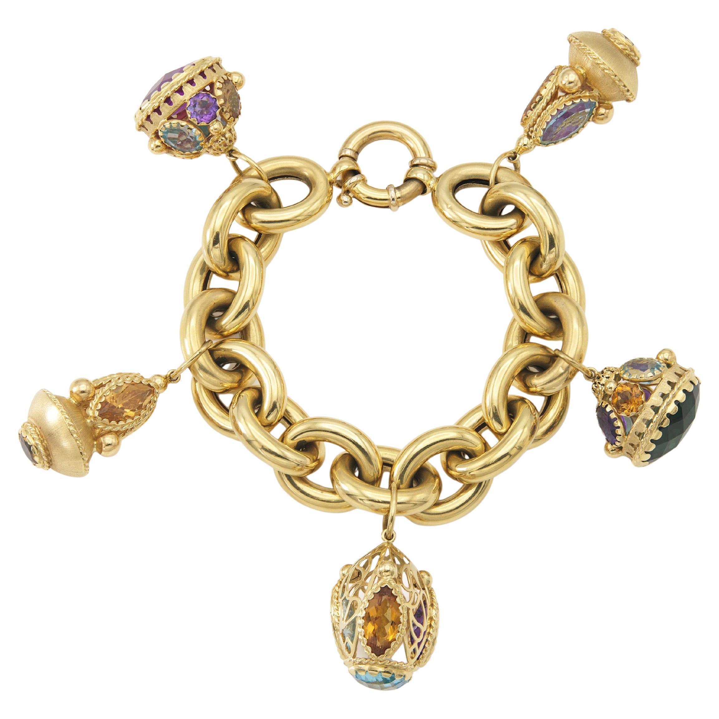 Vintage 1980er Gold und Multi-Gem-Charme-Armband