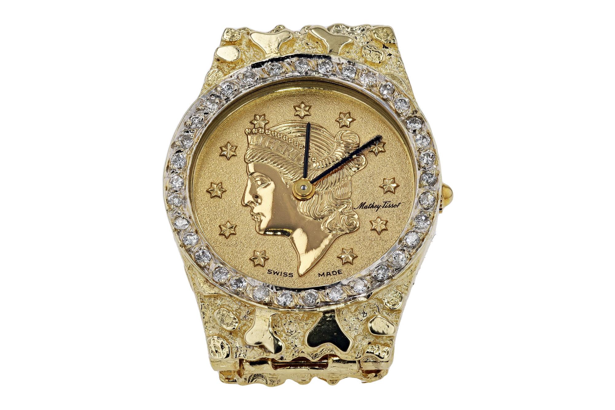 An unusual and curious vintage gold nugget style ladies' cocktail dress watch. A Liberty head coin dial is adorned with a sparkling diamond bezel of 1/3 carats. Powered by a Mathey-Tissot Swiss quartz movement and made with nearly 2 ounces of 14