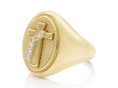 Vintage 1980s Gold Cross Signet Ring with Diamonds