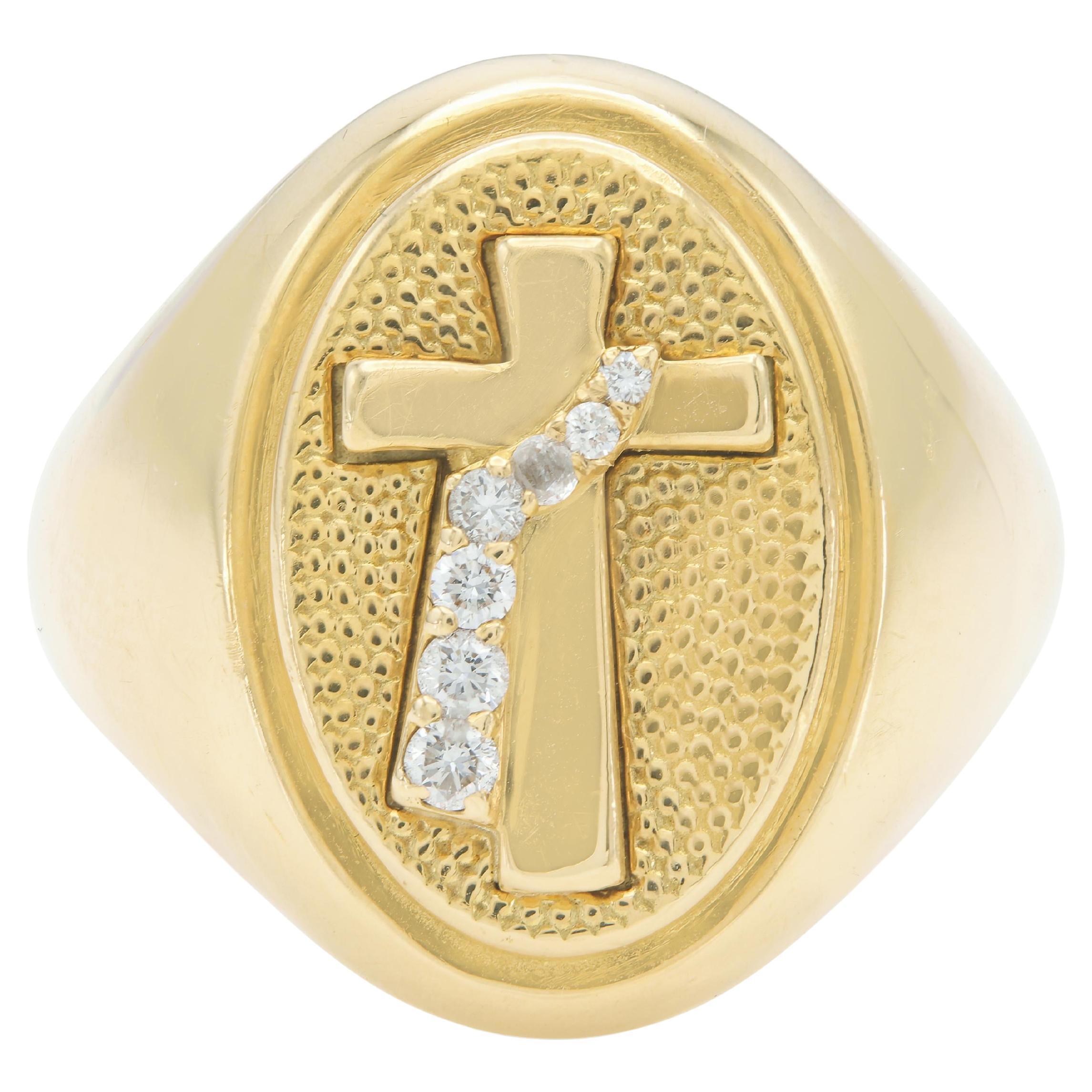 Bague chevalière en or avec croix et diamants, Vintage 1980