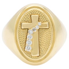 Bague chevalière en or avec croix et diamants, Vintage 1980