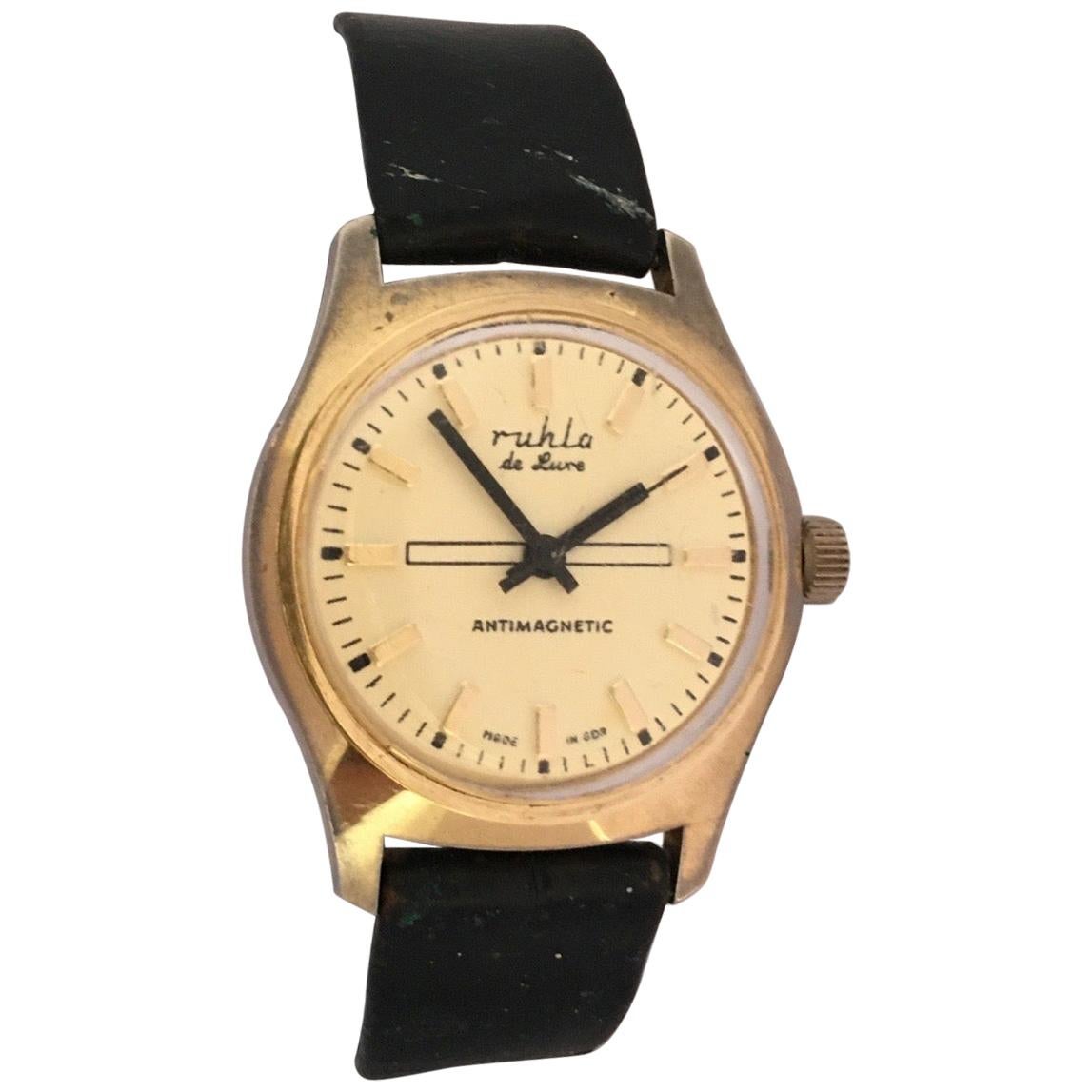 Vintage 1980s Gold-Plated and Stainless Steel Back Mechanical Watch For Sale