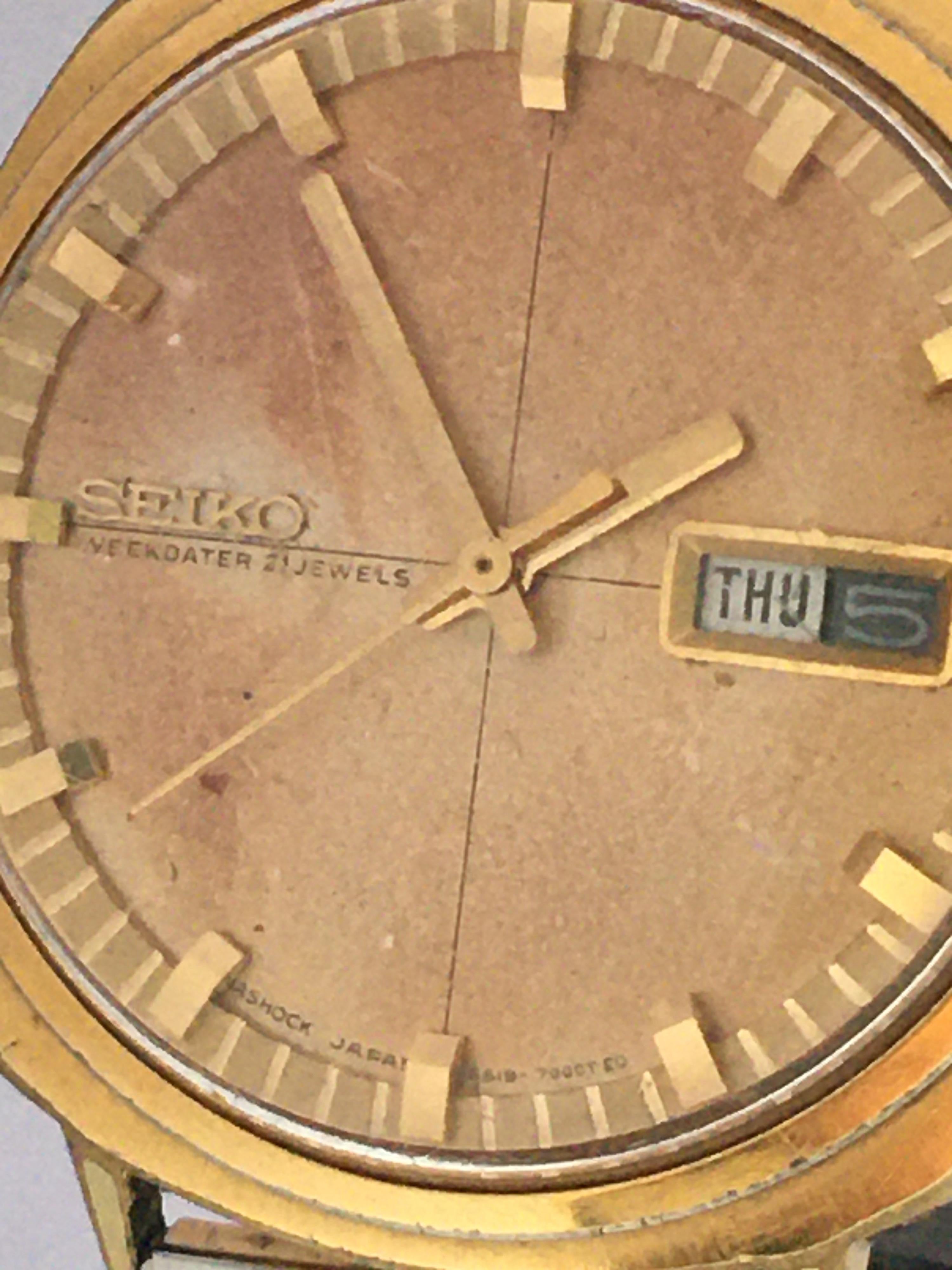 Vintage 1980s Gold-Plated Seiko Automatic Gents Watch For Sale 4