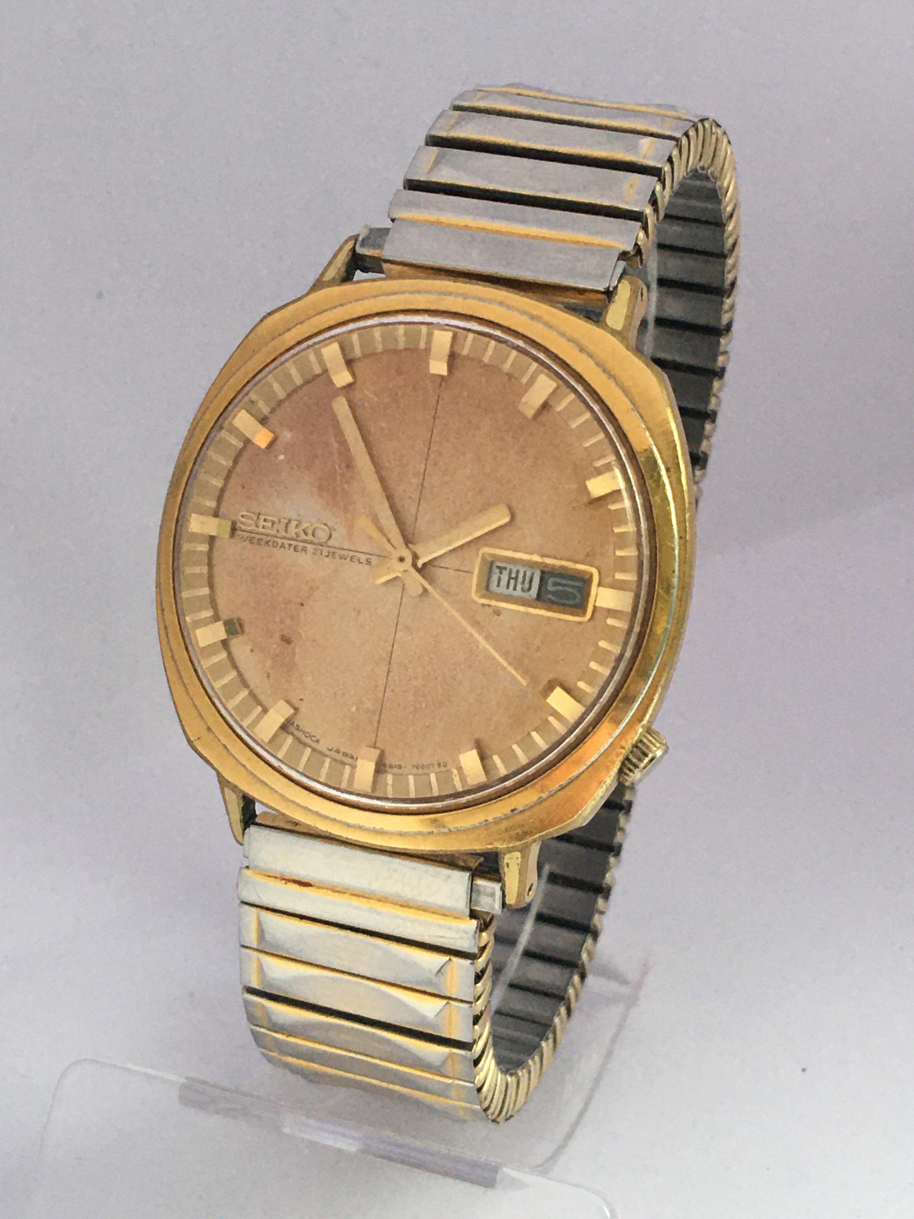 Vintage 1980s Gold-Plated Seiko Automatic Gents Watch For Sale 5