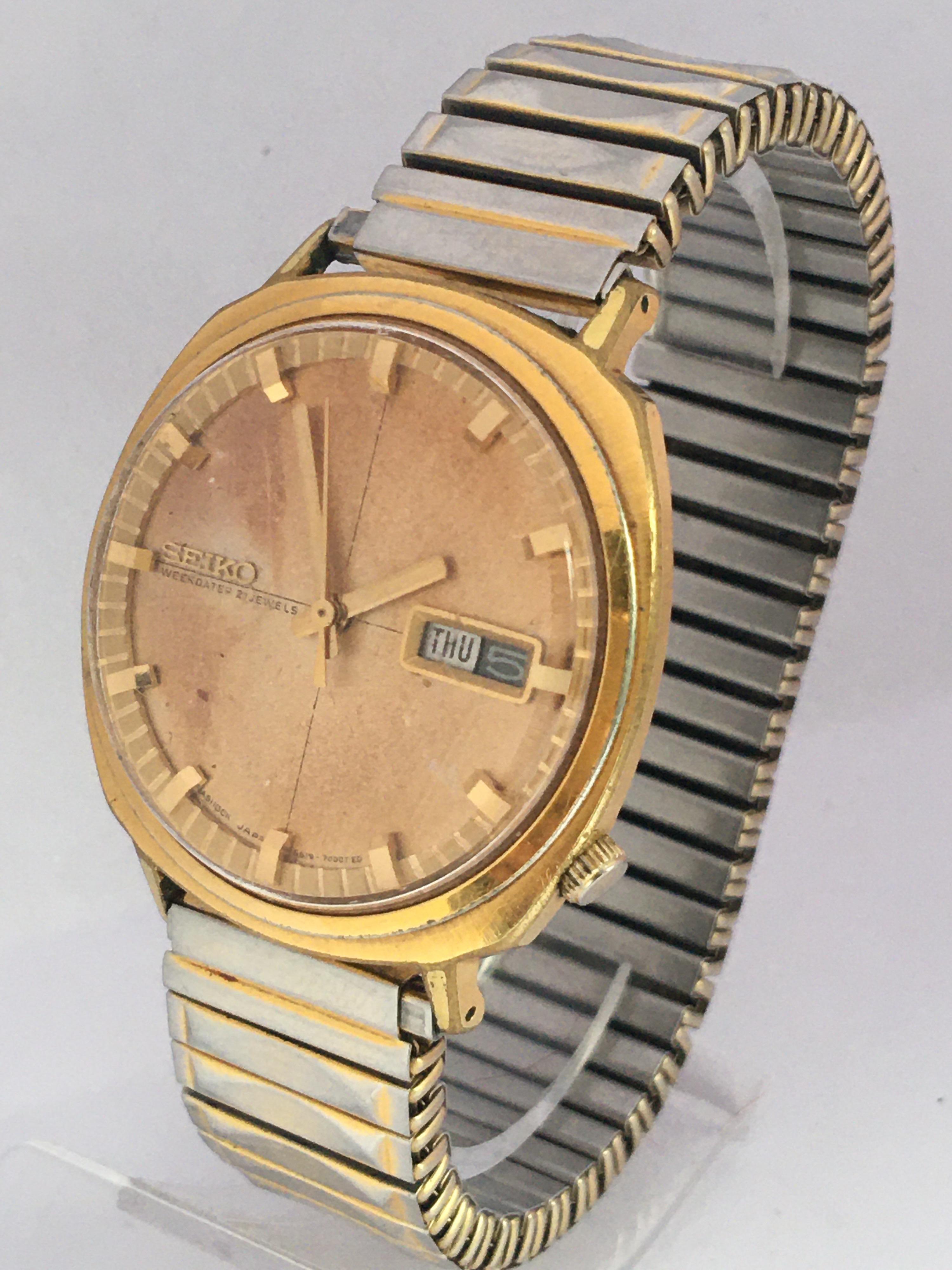 Vintage 1980s Gold-Plated Seiko Automatic Gents Watch In Good Condition For Sale In Carlisle, GB