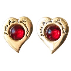 Vintage 1980s Gold-Tone Heart Clip-On Earrings with Red Cabochon