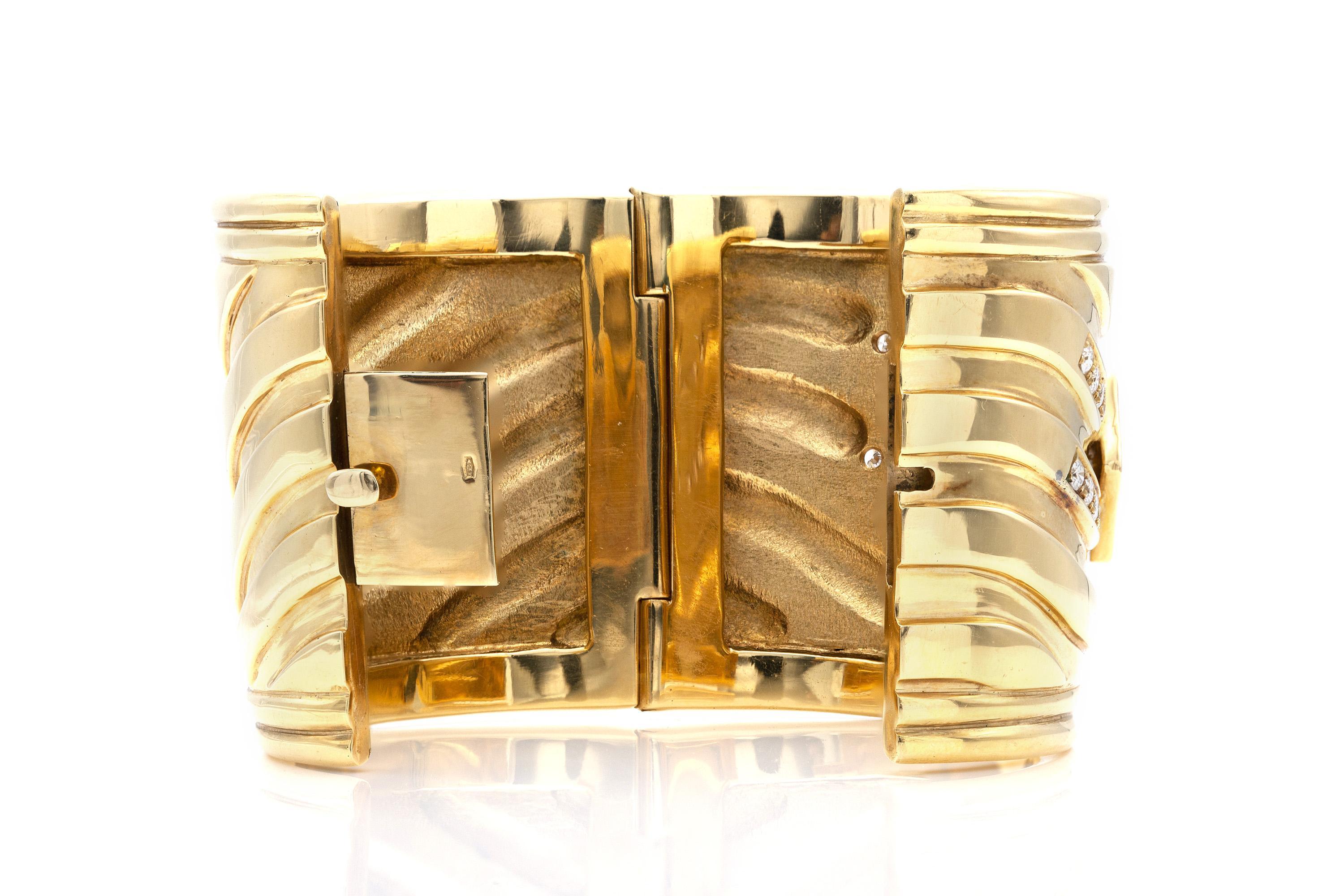 Round Cut Vintage 1980s Gold Wide Cuff Bracelet with Diamonds For Sale