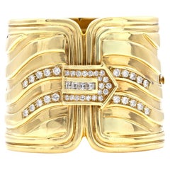 Vintage 1980s Gold Wide Cuff Bracelet with Diamonds