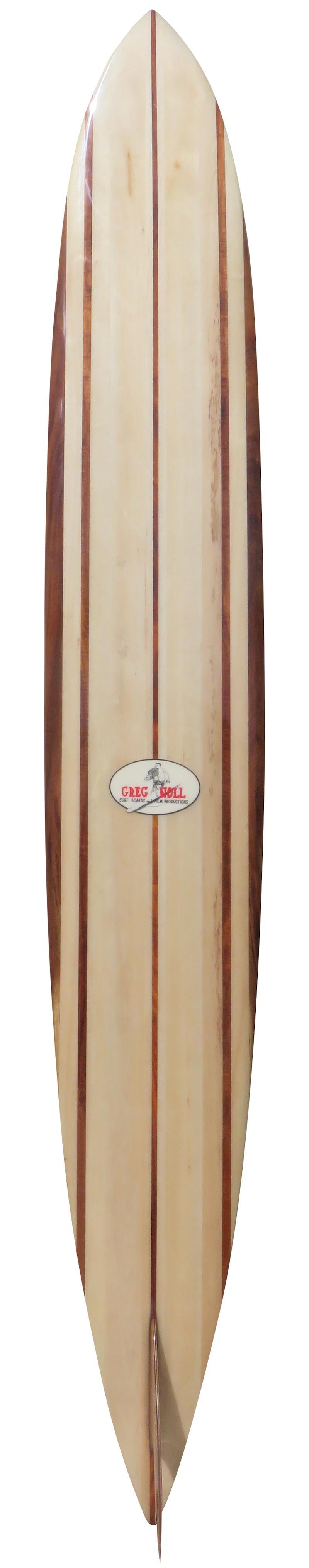 Mid-1980s Greg Noll shaped Jose Angel model balsawood and redwood big wave surfboard. Only 25 Jose Angel surfboards were made of wood making this an especially rare surfboard. Featuring a pintail shape with triple redwood stringer and solid redwood