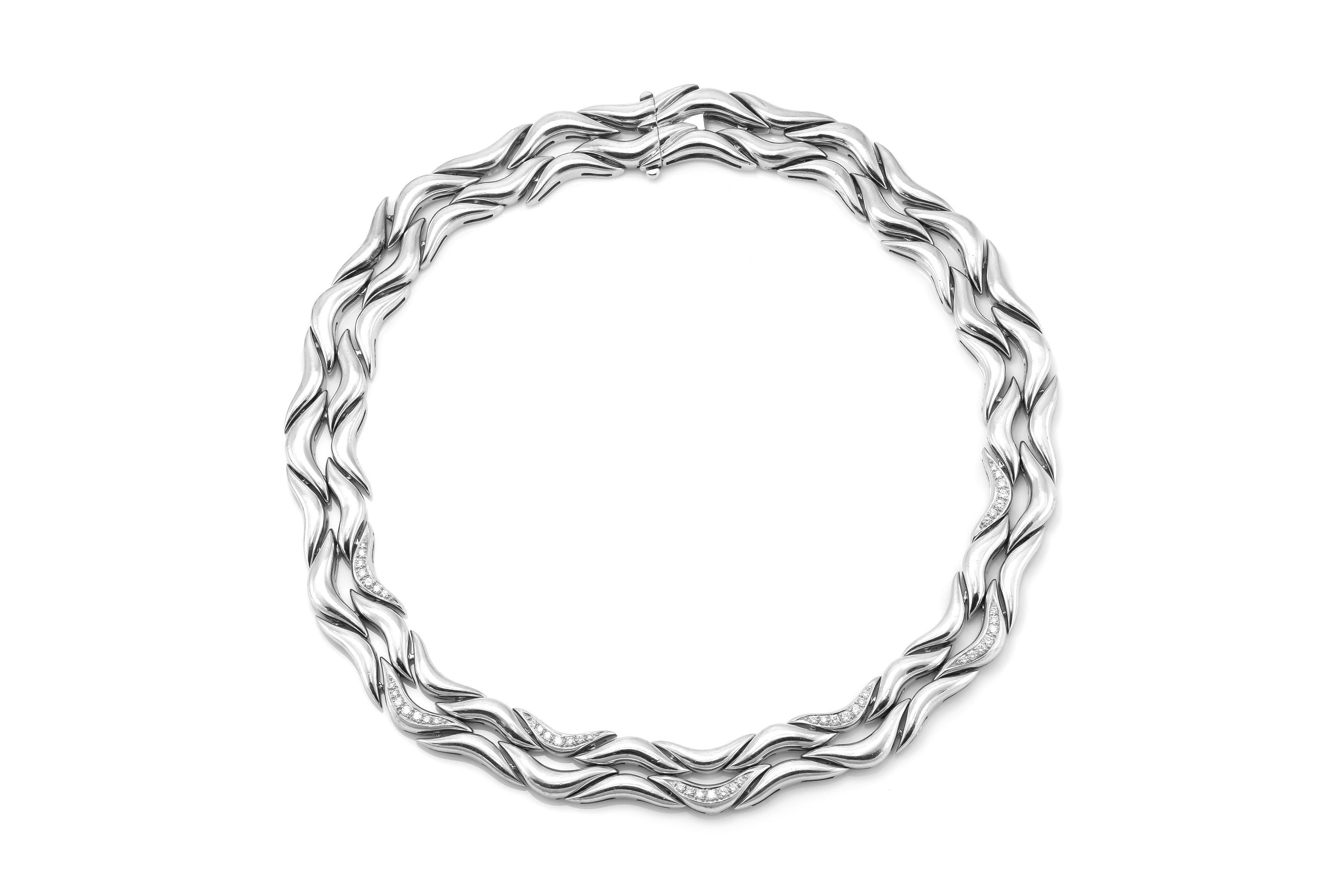 Finely crafted in 18K white gold with Round Brilliant cut Diamonds weighing a total of approximately 5.50 carats.
Signed by Gubelin
Circa 1980s
Necklace 17 inches
Bracelet 7 inches