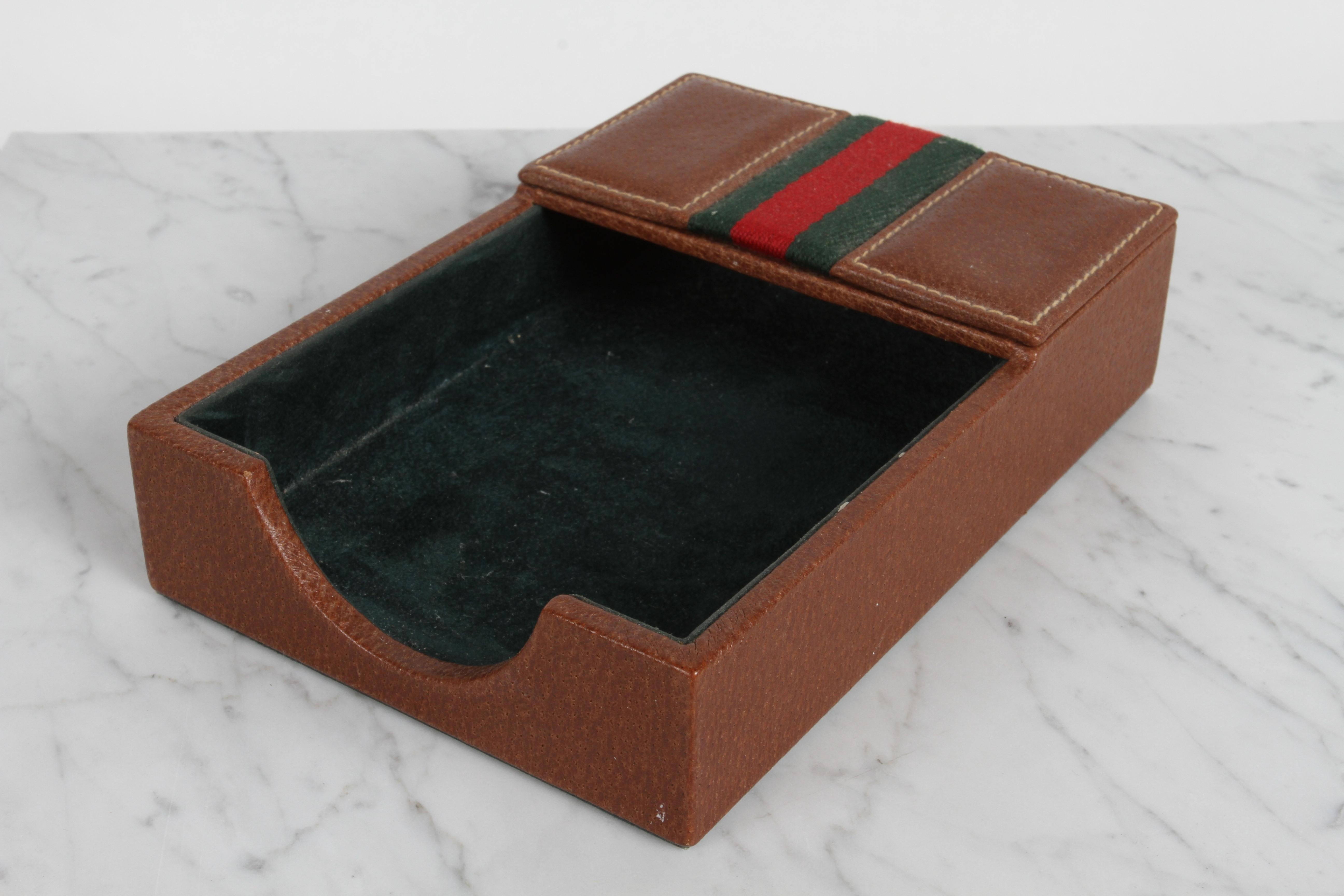 Hollywood Regency Vintage 1980s Gucci Desk Set Accessories - Leather Pen + Paper Holder & Tray For Sale