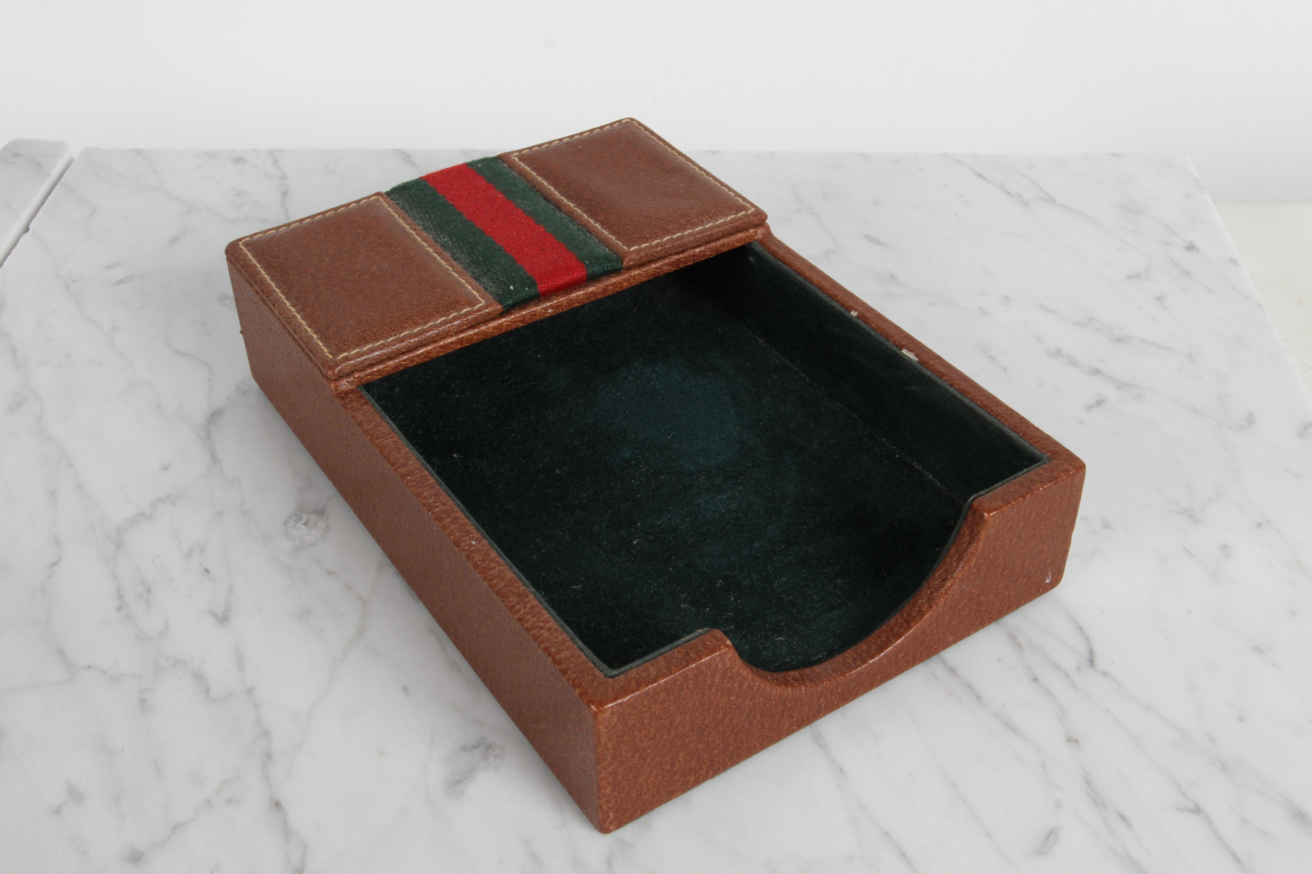 Vintage 1980s Gucci Desk Set Accessories - Leather Pen + Paper Holder & Tray For Sale 1